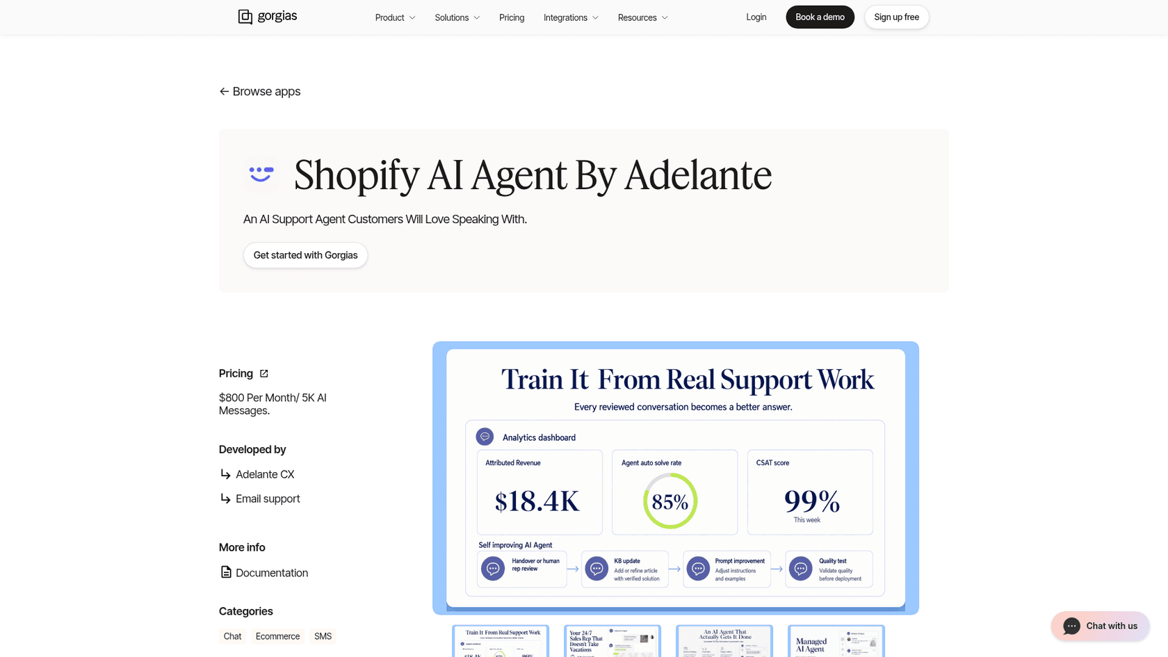 The Shopify AI Agent by Adelante page in the Gorgias app store listing pricing as $800 per month for 5K AI messages, as taken from Gorgias
