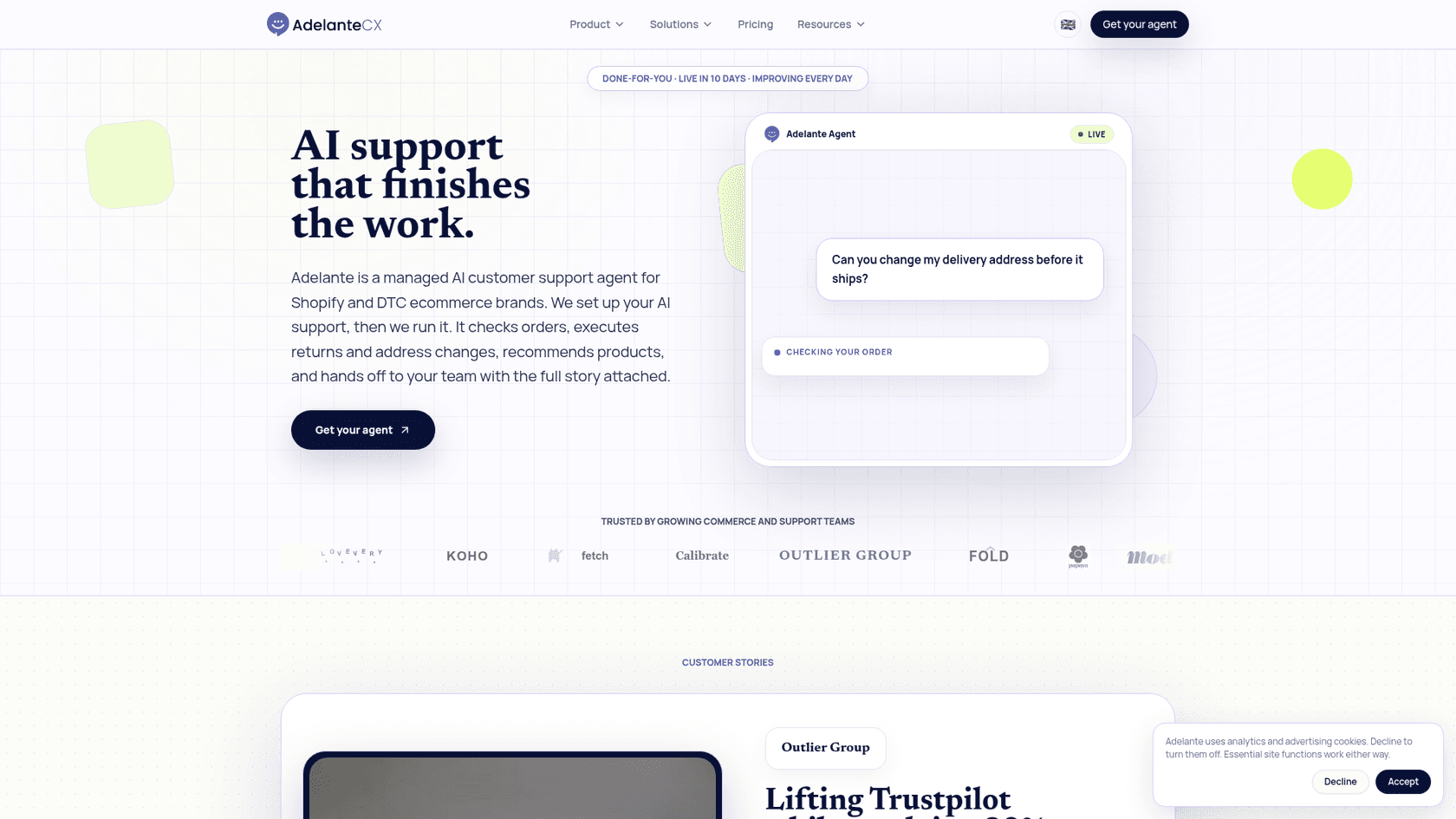 Adelante's homepage describing its managed AI customer support agent for Shopify and DTC brands, as taken from Adelante