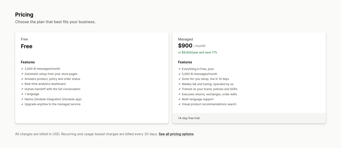 The pricing section of the Zendesk AI Agent by Adelante listing, showing a Free plan with 2,000 AI messages a month and a Managed plan at $900 a month or $9,000 a year with a 14-day free trial, as taken from the Shopify App Store