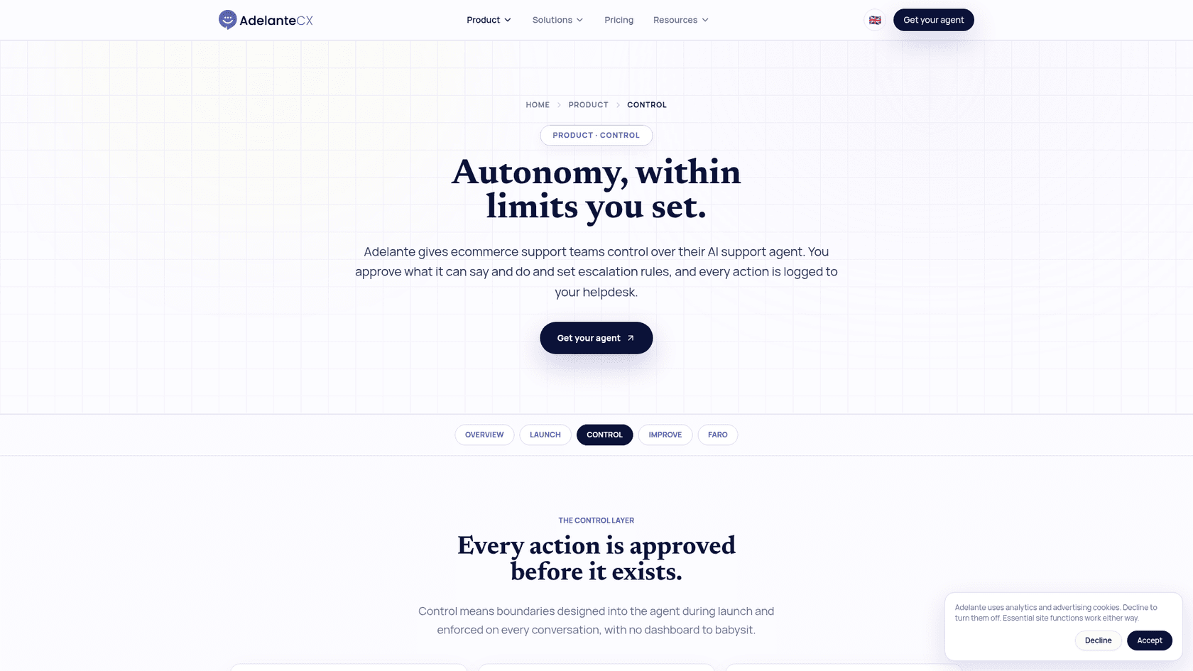 Adelante's control page headed Autonomy, within limits you set, explaining that you approve what the agent can say and do and every action is logged to your helpdesk, as taken from Adelante