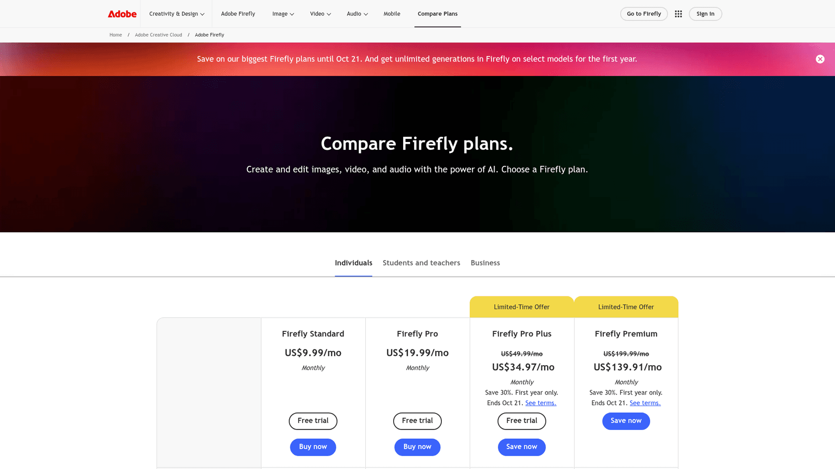 Adobe Firefly plan comparison with Standard, Pro, Pro Plus, and Premium plans, as taken from Adobe