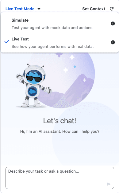 Agentforce Builder testing panel with the dropdown open showing Simulate and Live Test mode options