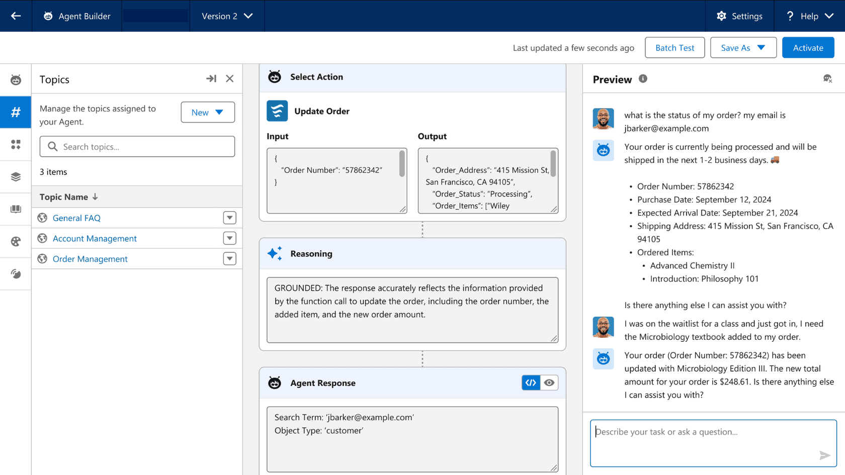 Agentforce Builder showing topics on the left, a Select Action and Reasoning trace in the middle, and a conversation preview on the right, as taken from Salesforce on G2