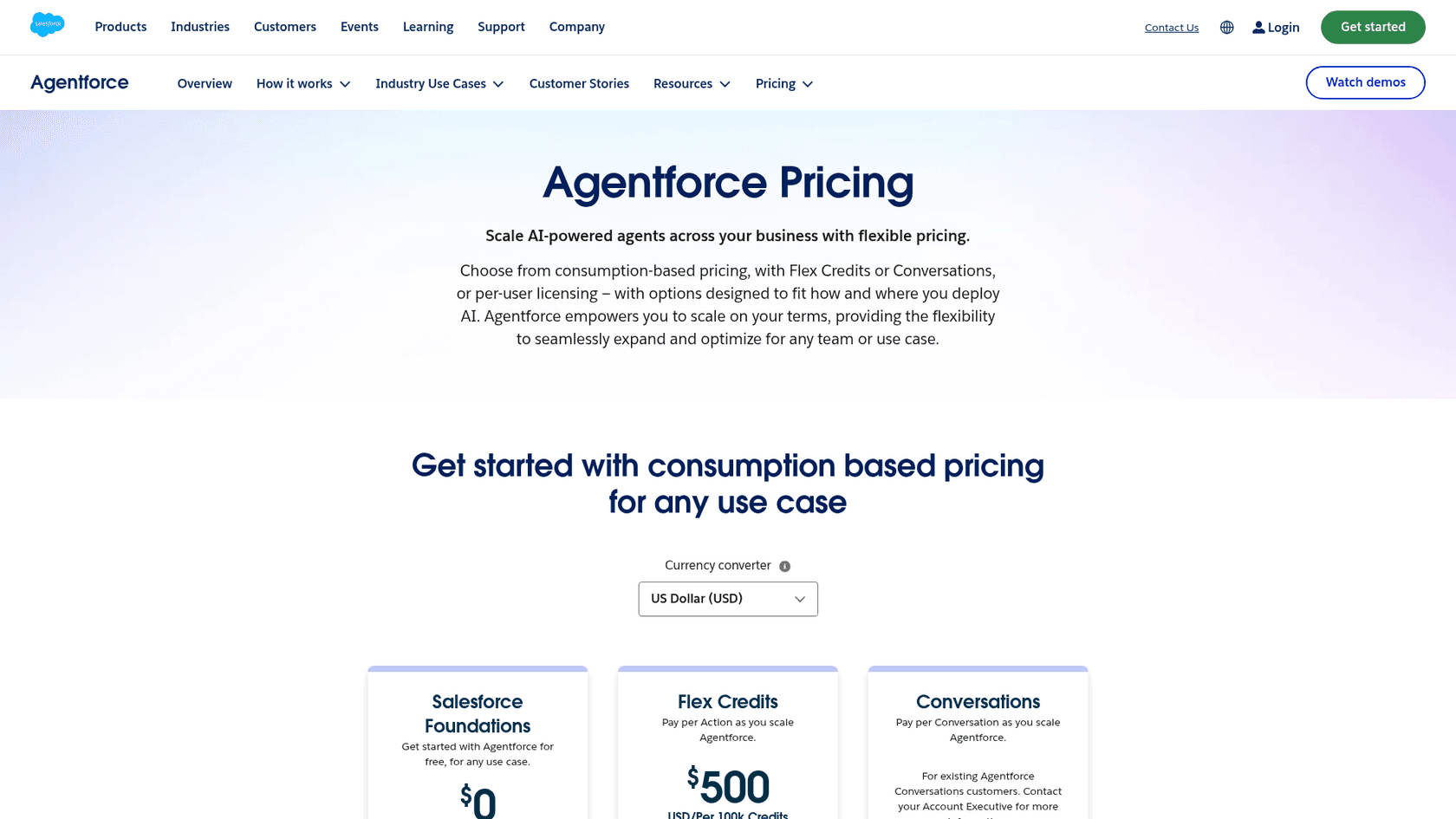 The Agentforce pricing page on salesforce.com showing Salesforce Foundations, Flex Credits, and Conversations, as taken from Salesforce
