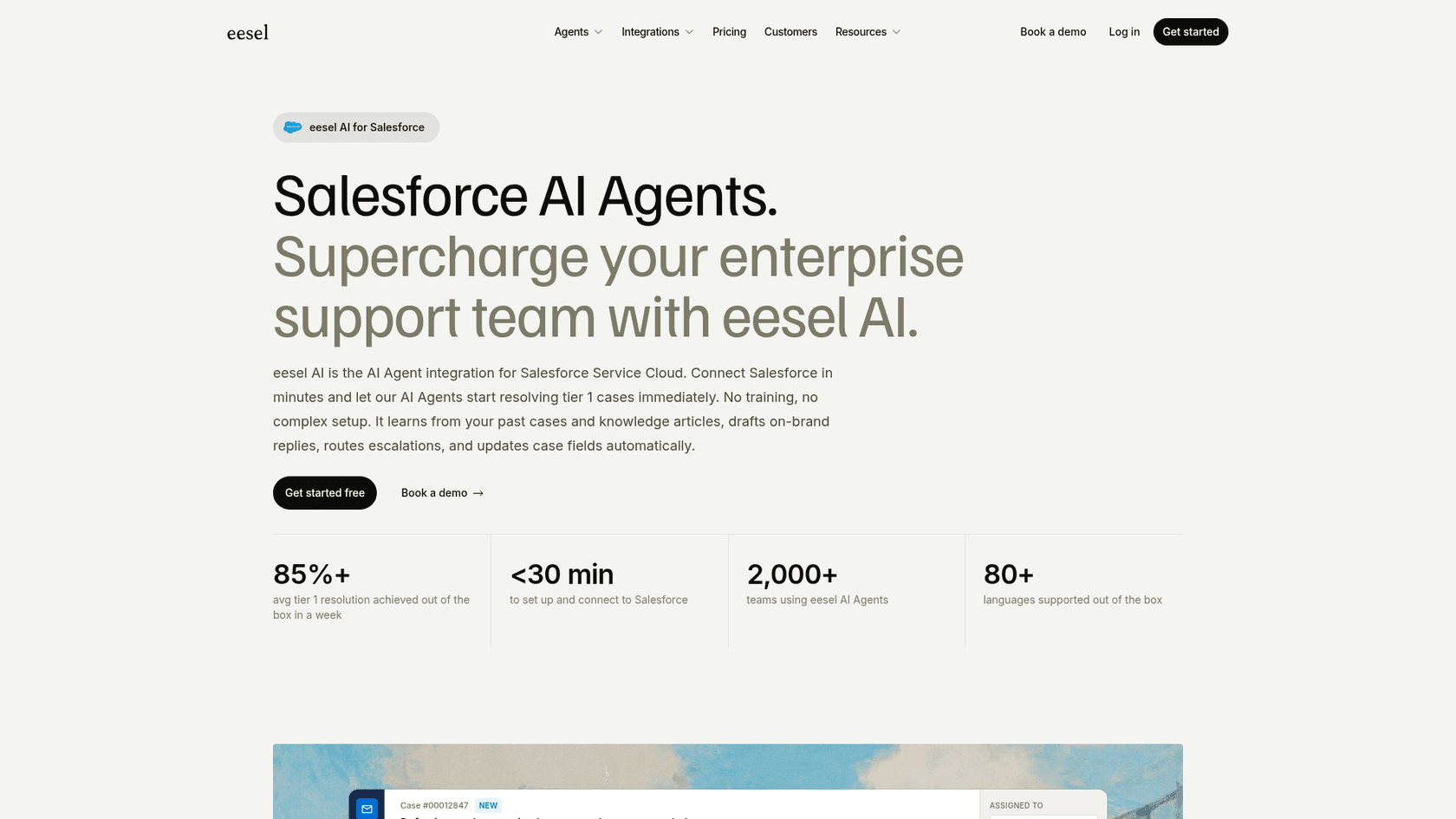 The eesel for Salesforce page, describing eesel as the AI agent integration for Salesforce Service Cloud, as taken from eesel