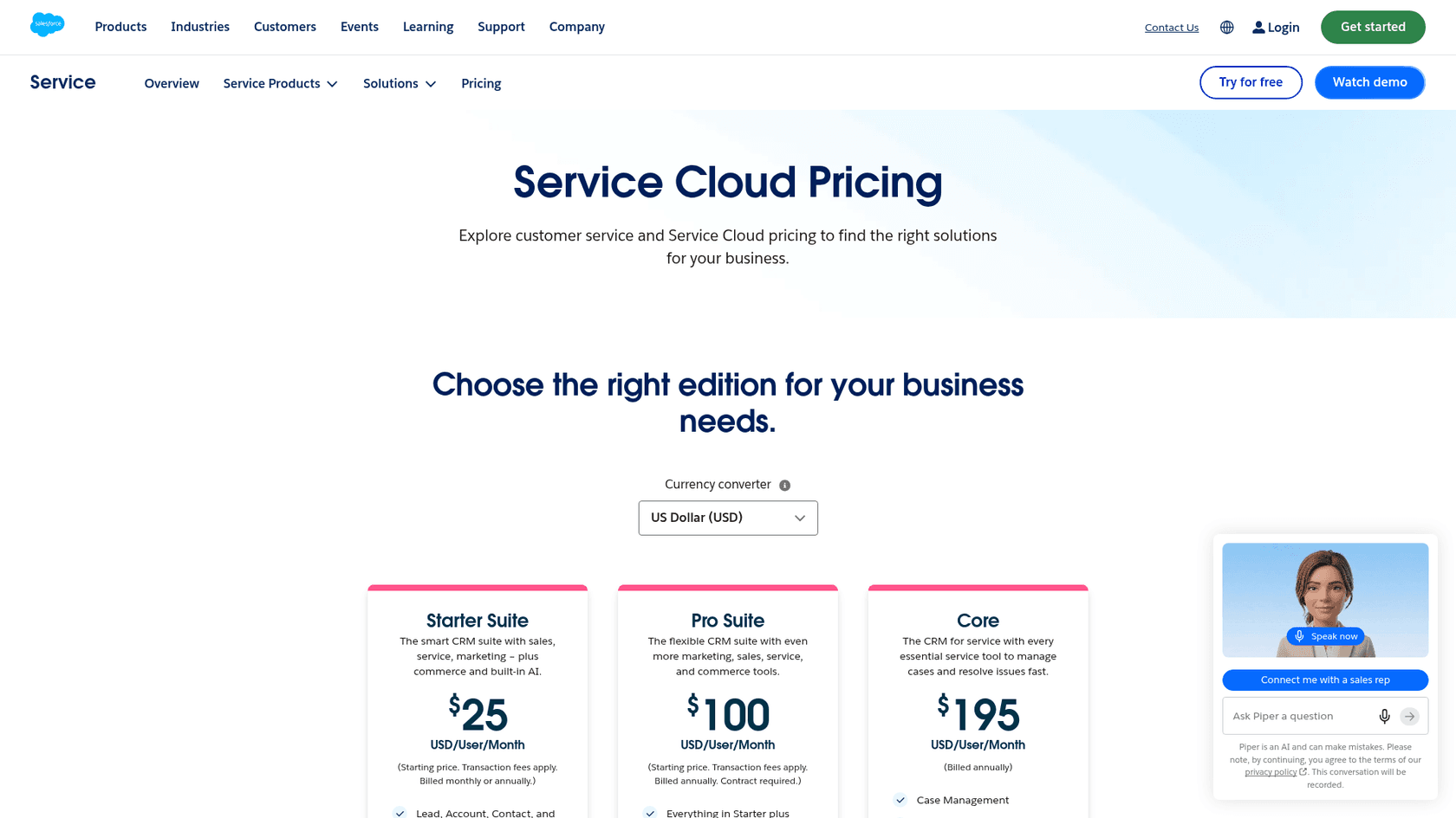 The Service Cloud pricing page on salesforce.com showing Starter Suite, Pro Suite, and Core editions, as taken from Salesforce