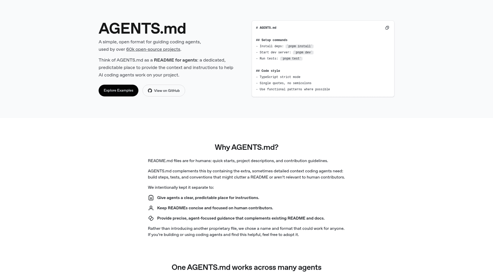 The AGENTS.md homepage with a sample file of setup commands and code style rules, as shown on agents.md