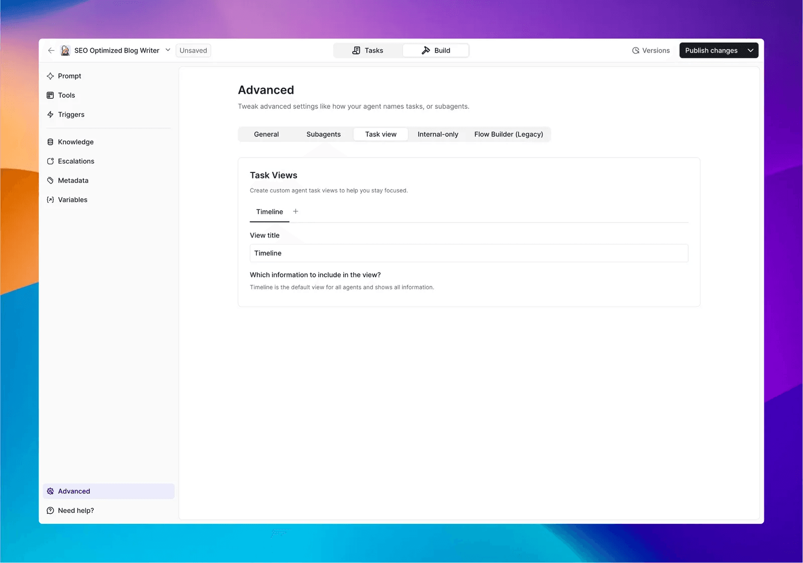 The Relevance AI agent builder for an SEO blog writer agent, with Prompt, Tools, Triggers, Knowledge and Escalations in the sidebar, as taken from Relevance AI docs