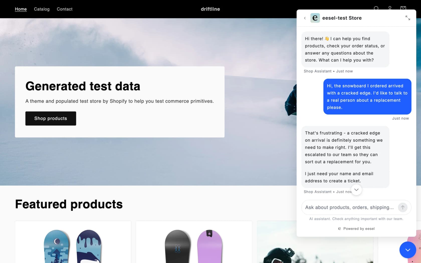 The eesel chat bubble on a live store where a visitor asks to talk to a real person; the agent acknowledges the problem and asks for a name and email to create a ticket for the team, as taken from eesel's docs