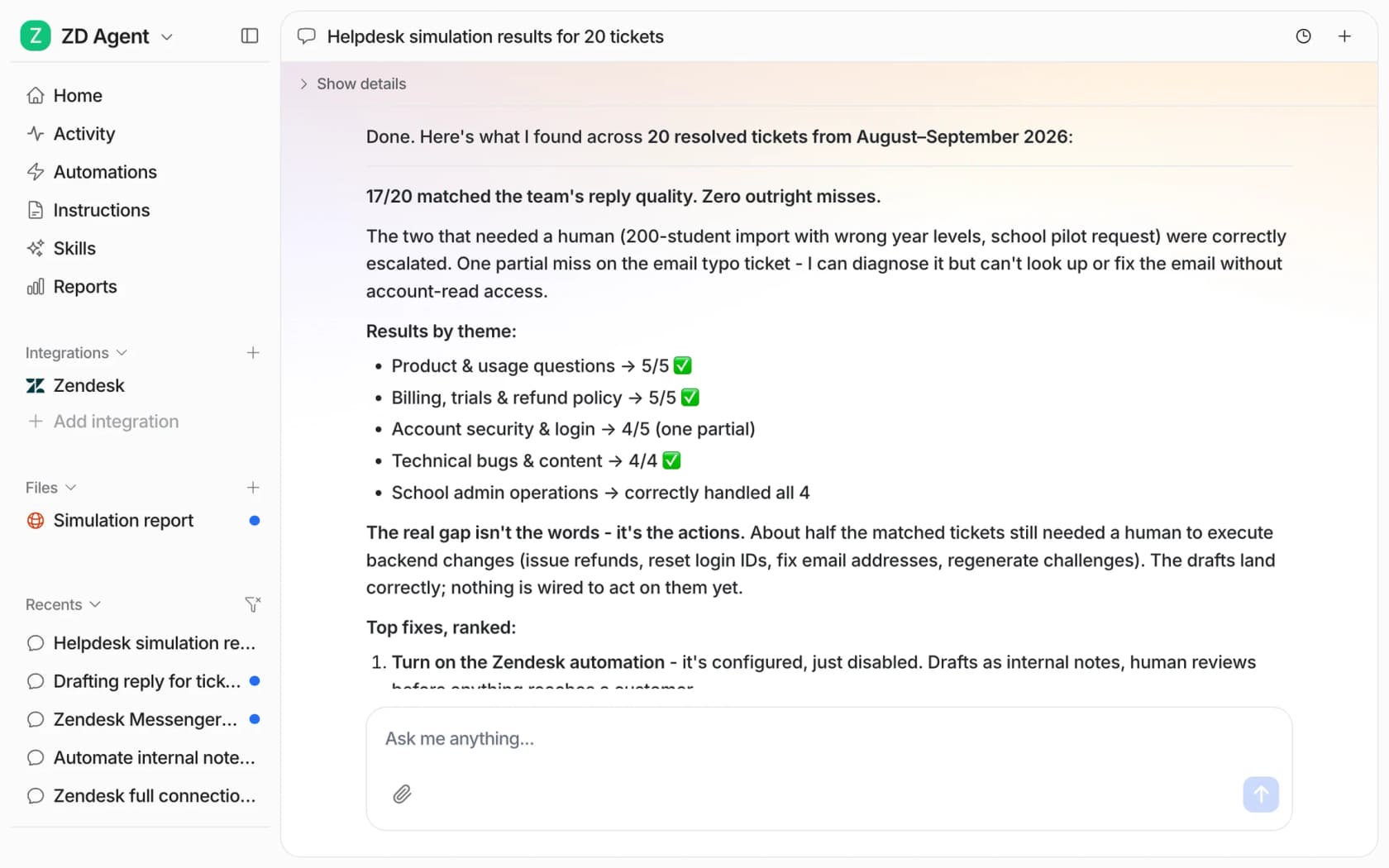 The eesel dashboard chat showing a helpdesk simulation result: 17 of 20 tickets matched the team's reply quality, with results broken down by theme and a note on what still needed a human, as taken from eesel's docs