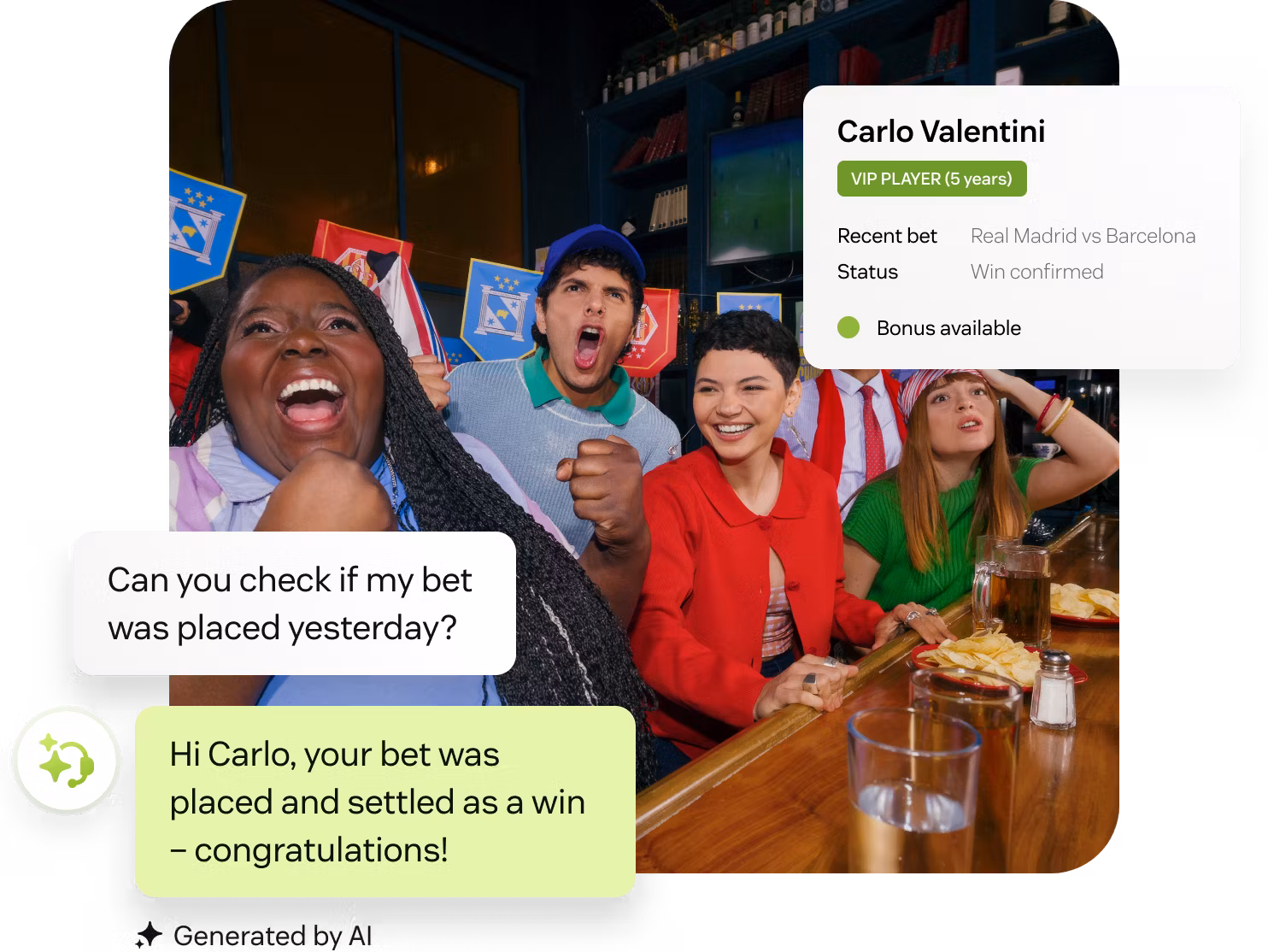 Zendesk iGaming page artwork showing a player asking whether a bet was placed and an AI reply confirming it settled as a win, next to a VIP player profile card, as taken from Zendesk