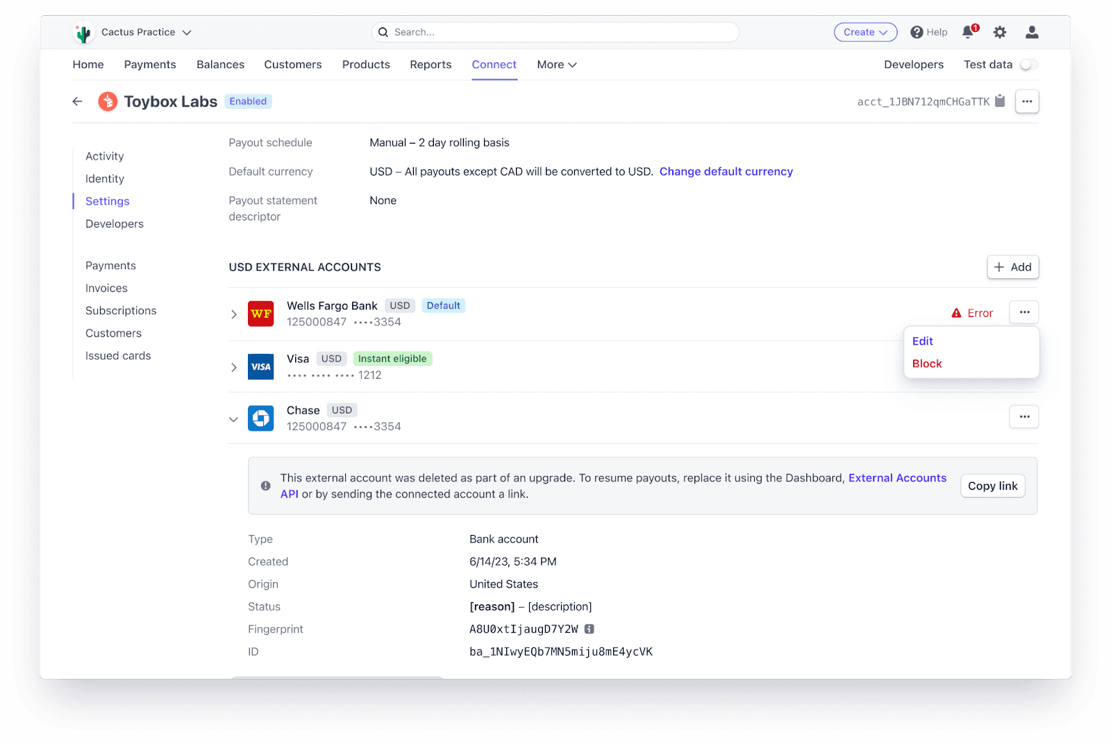 Stripe Dashboard showing a connected seller account with a bank account marked Error and options to edit or block it, as taken from Stripe's support center