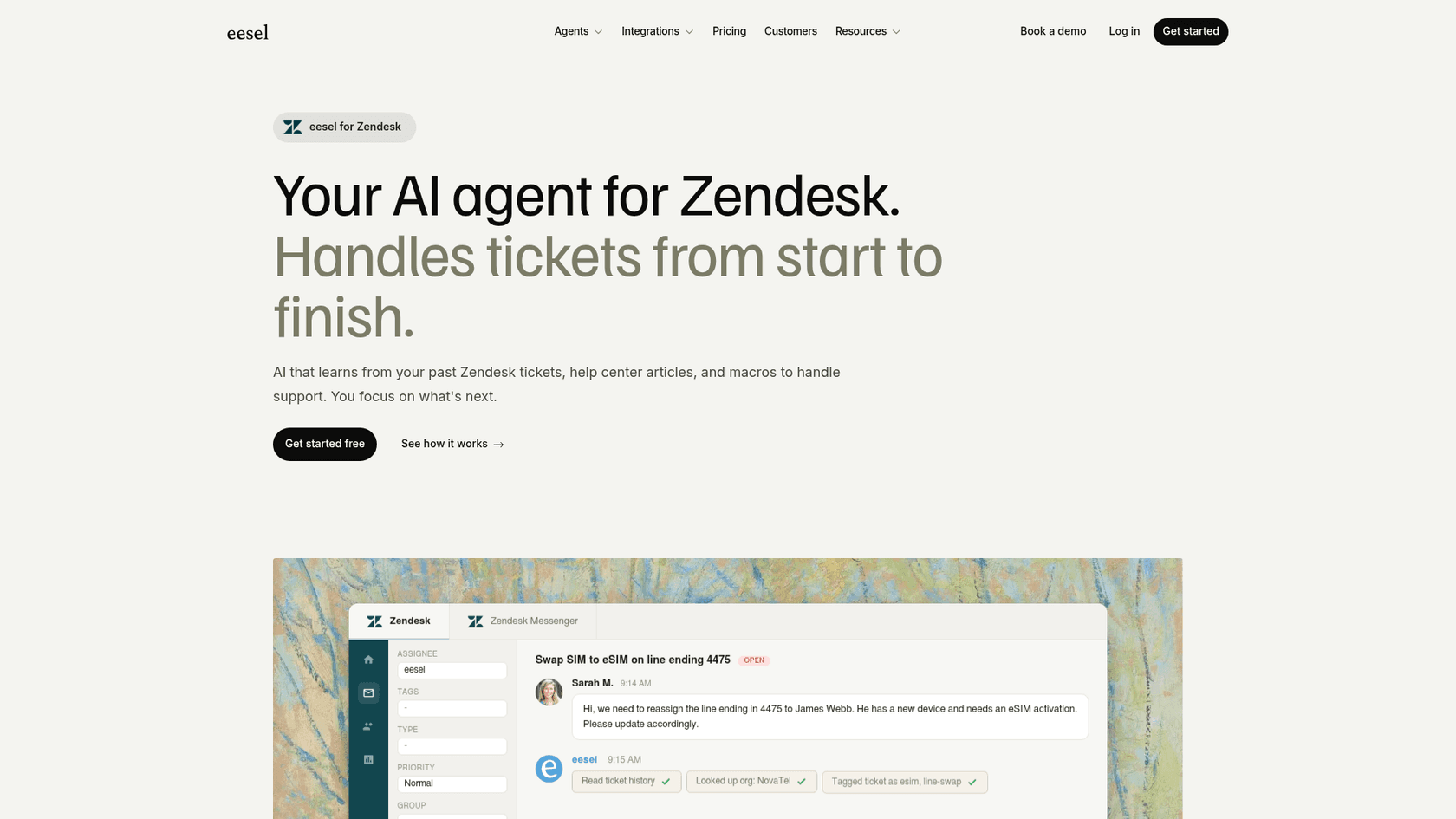 eeselがZendesk内でサポートチケットを解決しており、AIエージェントインターフェースが表示されている