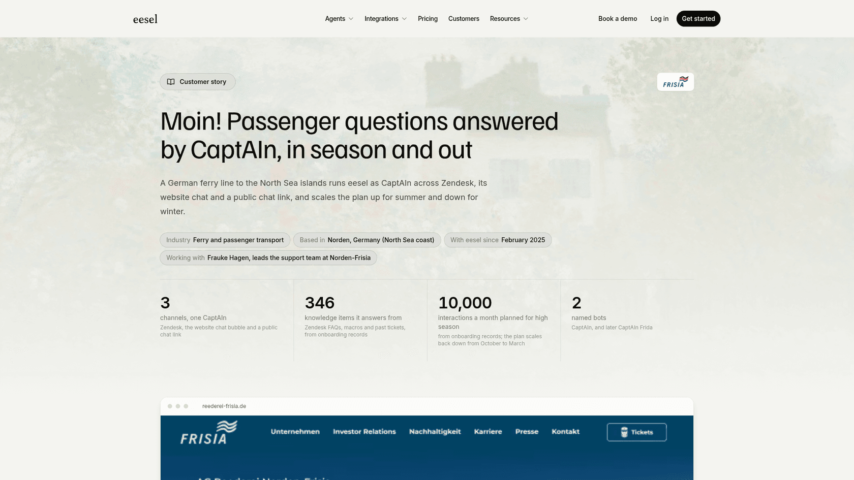 Norden-Frisia customer story page on eesel.ai showing the ferry line's CaptAIn agent, with three channels, 346 knowledge items and 10,000 interactions planned for high season, as taken from eesel