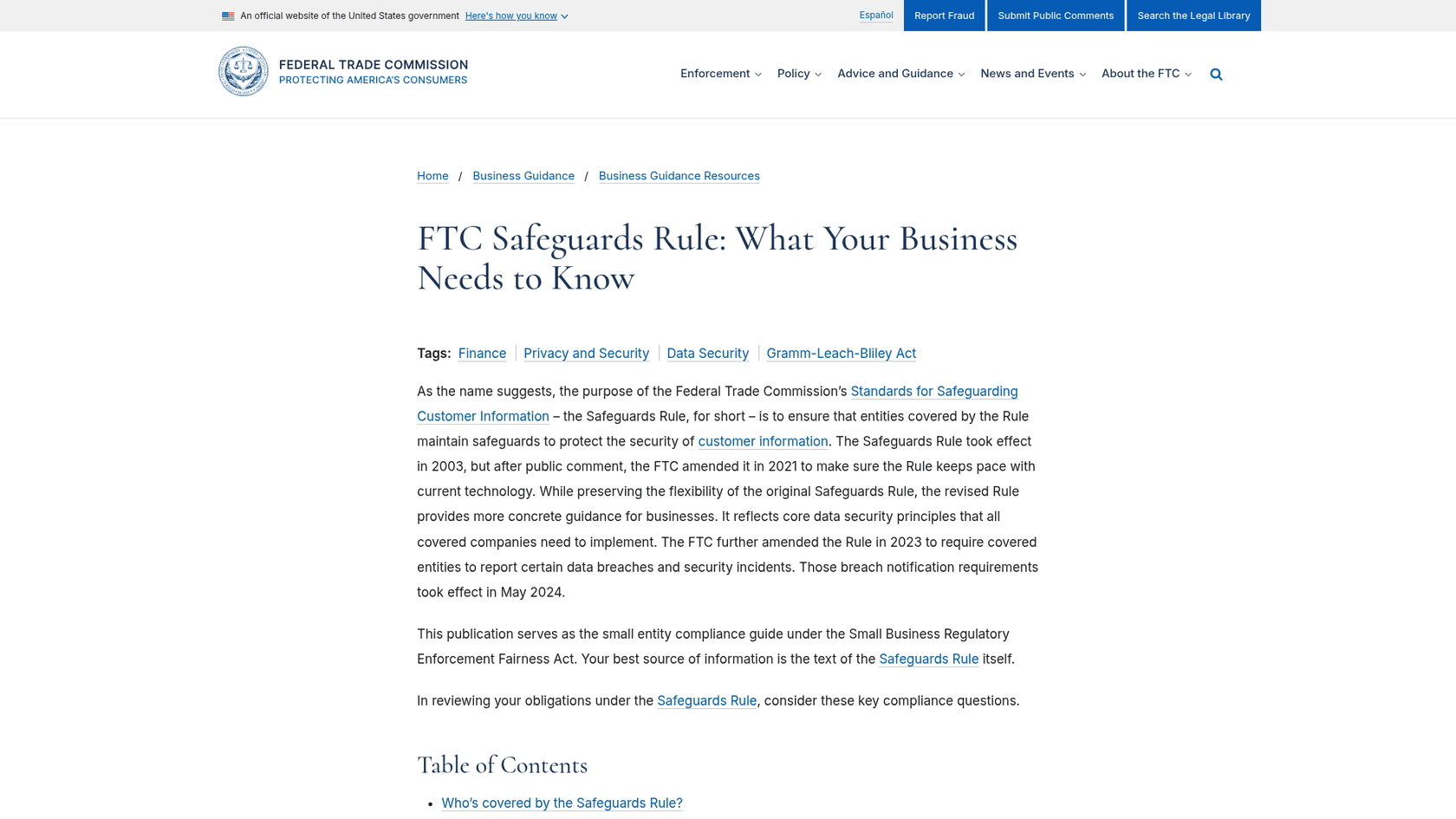 The FTC page titled FTC Safeguards Rule: What Your Business Needs to Know, explaining the 2021 amendments and the breach notification requirements that took effect in May 2024, as taken from the FTC