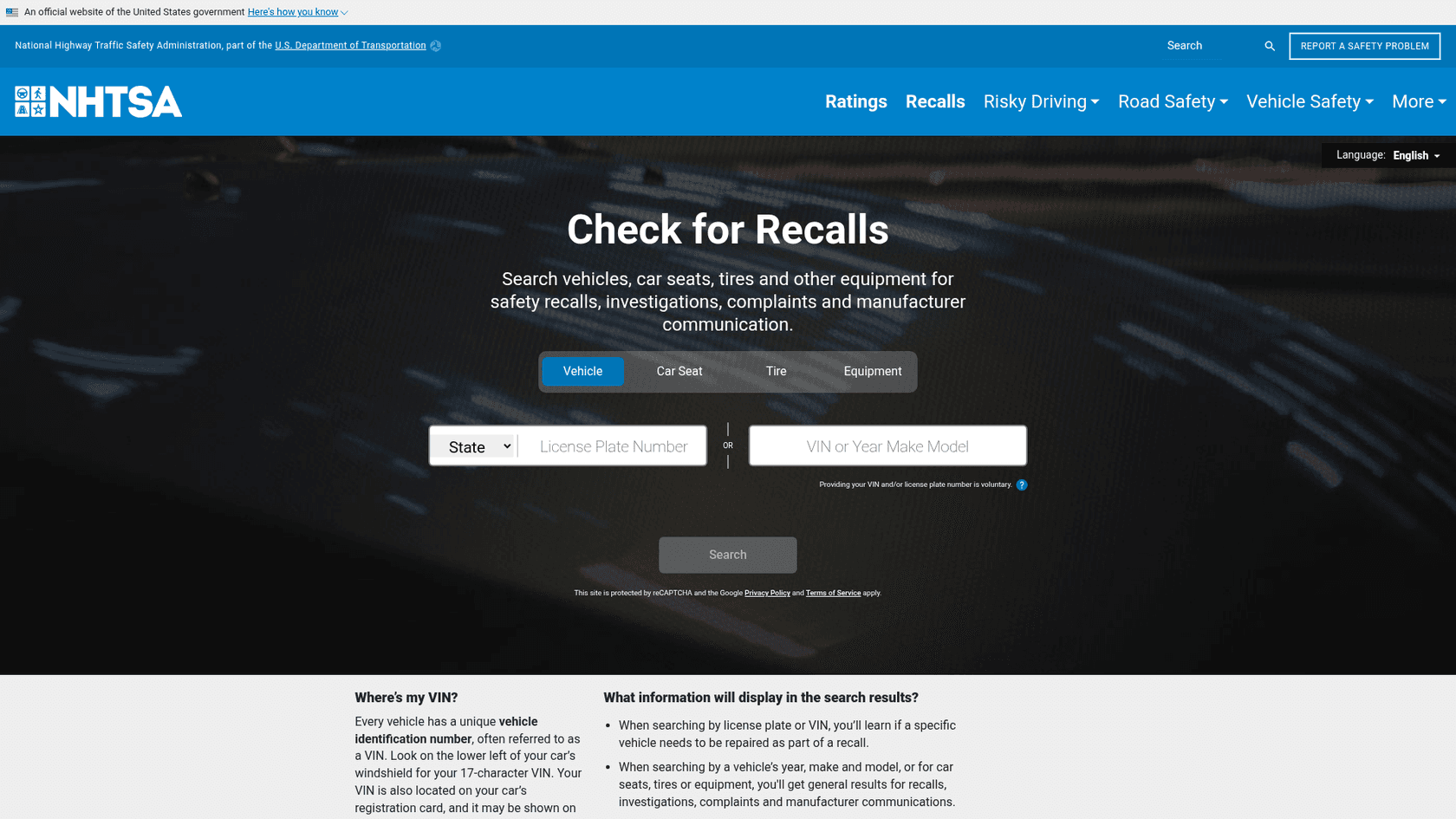 NHTSA's Check for Recalls page with a search by state and license plate or by VIN or year, make and model, and a note explaining that a VIN search shows whether a specific vehicle needs a recall repair, as taken from NHTSA