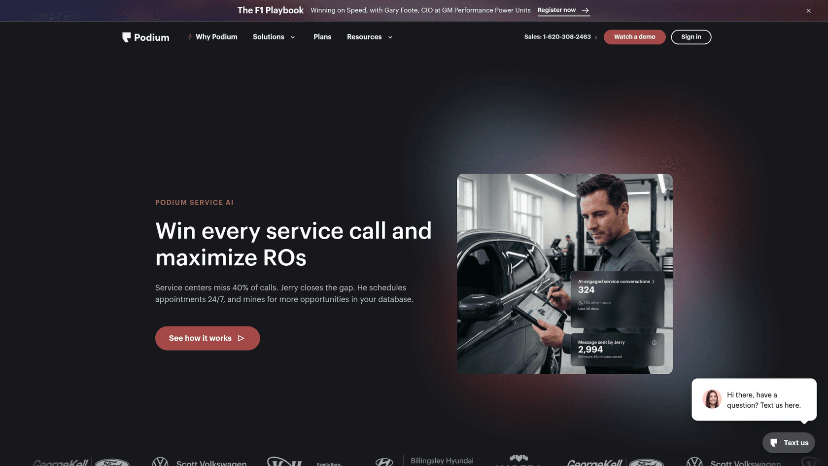 Podium Service AI page with the headline Win every service call and maximize ROs and a claim that service centers miss 40% of calls, as taken from Podium