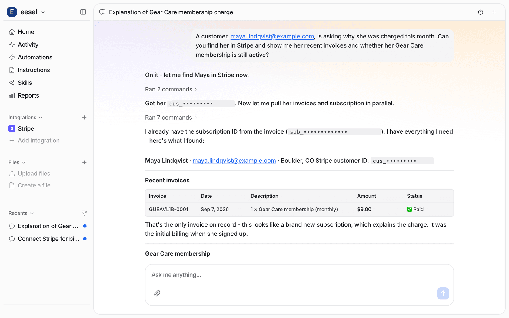eesel's dashboard chat finding a customer in Stripe by email and listing her one paid invoice, a 9 dollar Gear Care membership, to explain why she was charged