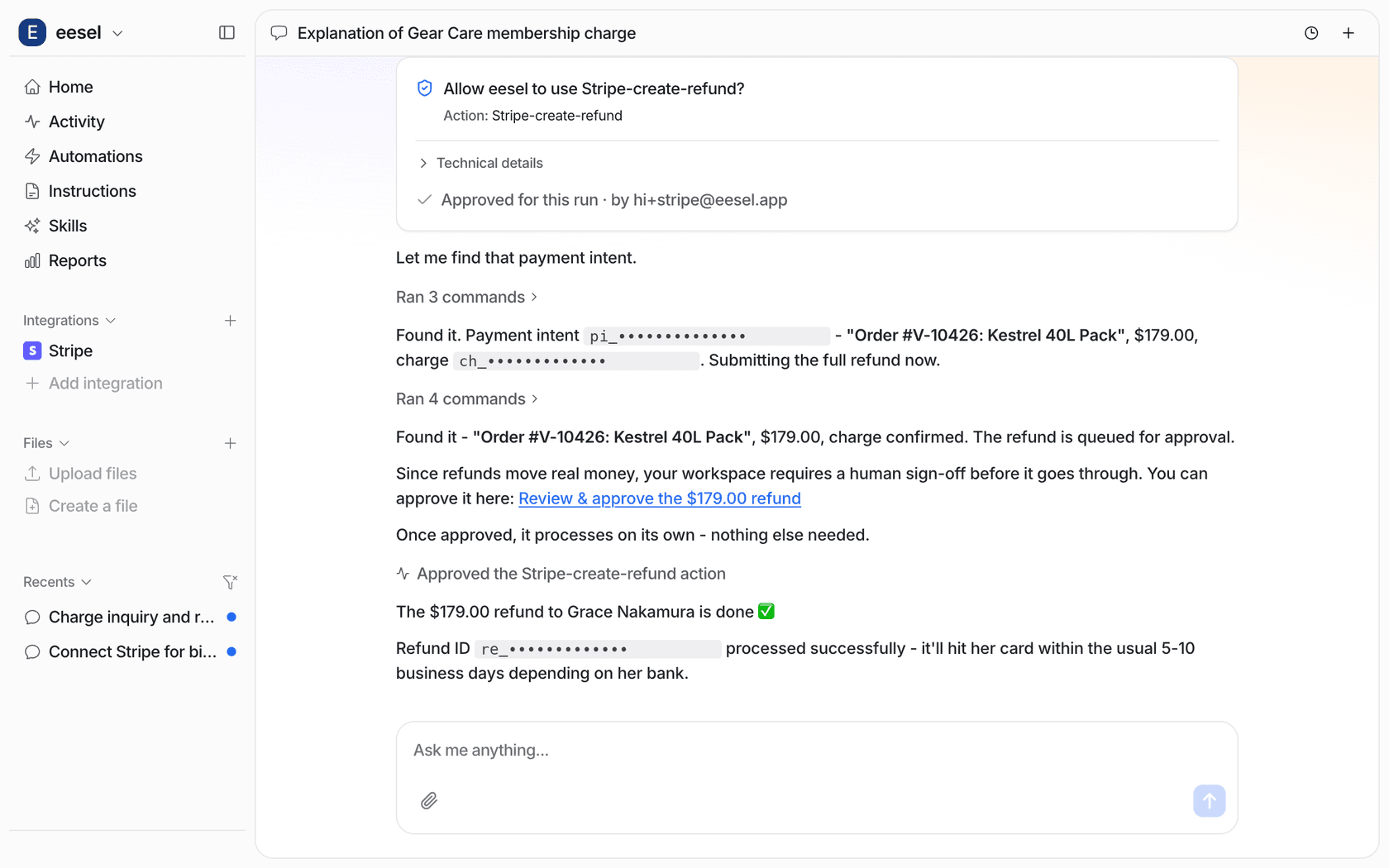 eesel confirming a 179 dollar Stripe refund after a person approved it, with Stripe's refund reference shown