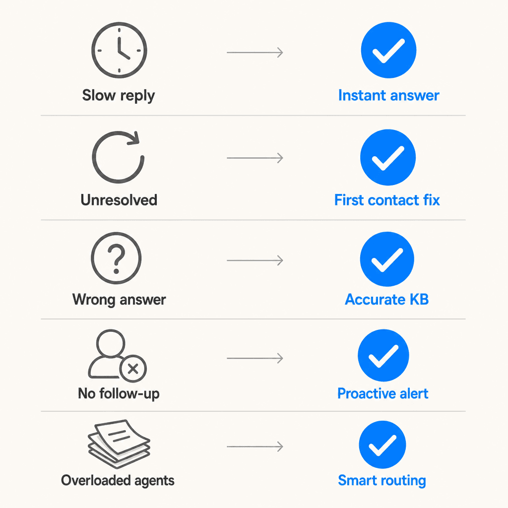 Five support failure modes mapped to their AI-powered fixes: slow reply to instant answer, unresolved to first contact fix, wrong answer to accurate KB, no follow-up to proactive alert, overloaded agents to smart routing