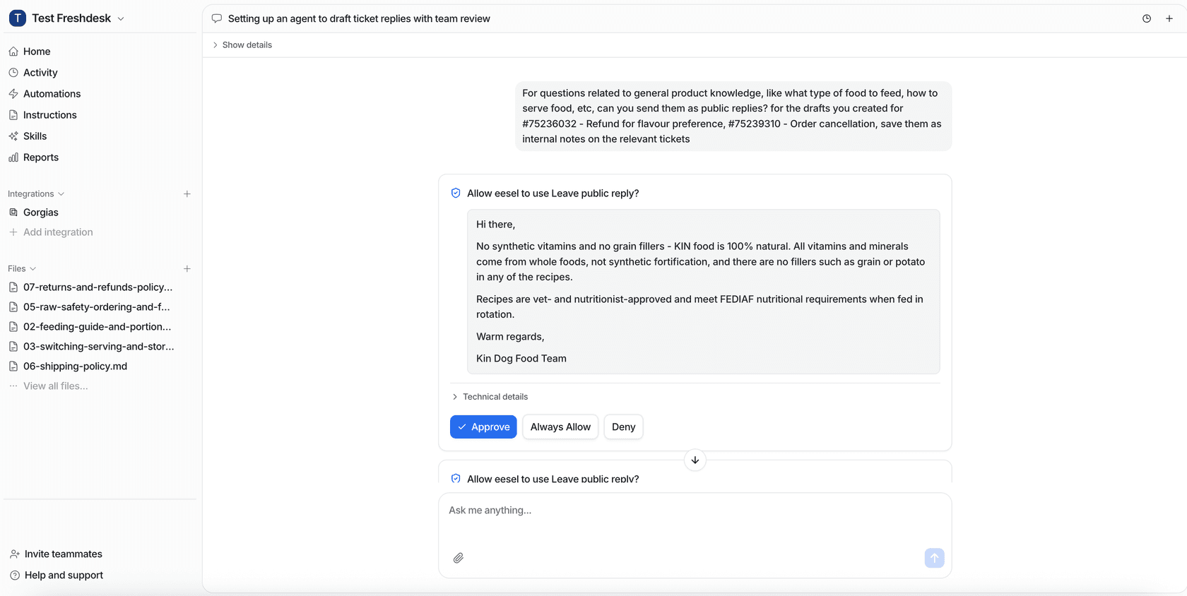 An approval card in the eesel dashboard asking whether to allow a public reply, with Approve, Always Allow and Deny buttons, as taken from the eesel docs