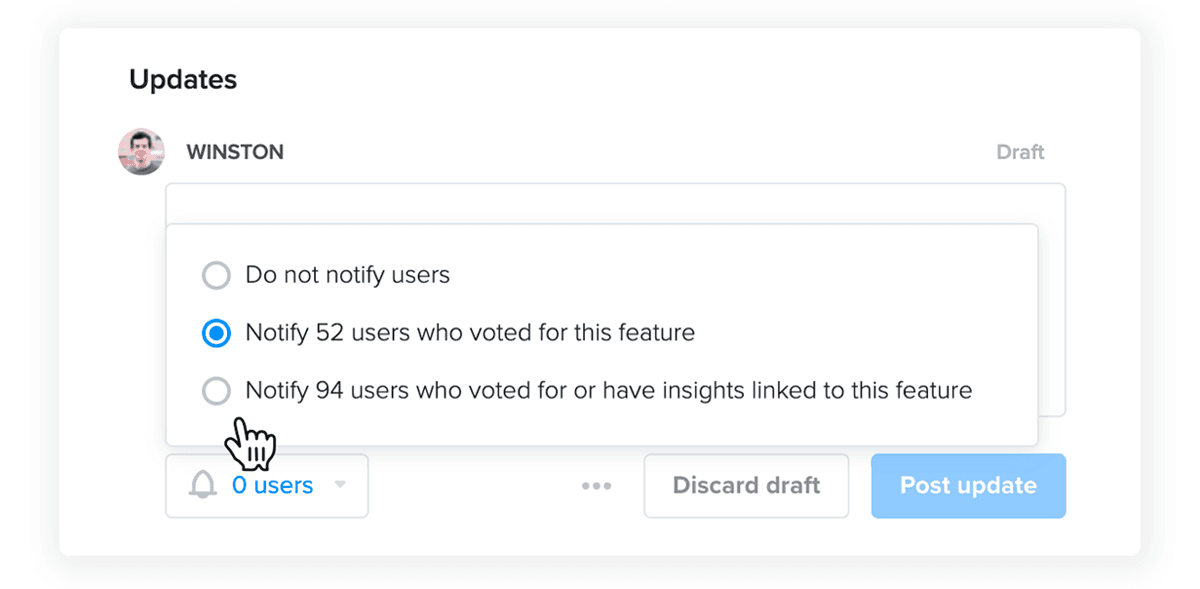 Productboard's update composer with three notify options: do not notify users, notify 52 users who voted for this feature, or notify 94 users who voted for or have insights linked to this feature, as taken from Productboard's help center