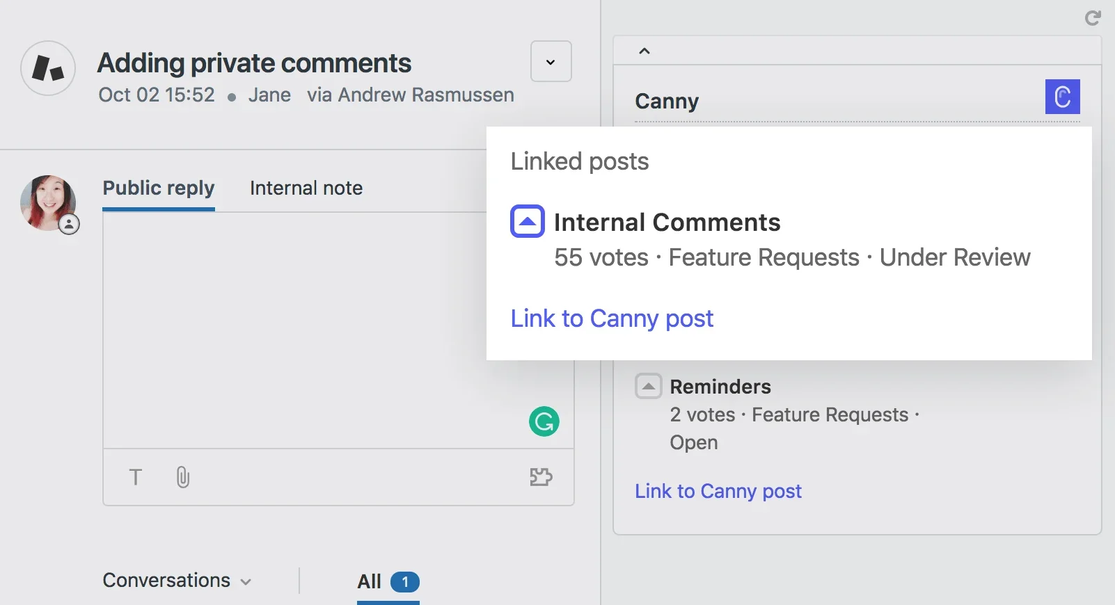 A Zendesk ticket with the Canny sidebar open, showing a linked post called Internal Comments with 55 votes, filed under Feature Requests and marked Under Review, as taken from Canny's Zendesk integration docs
