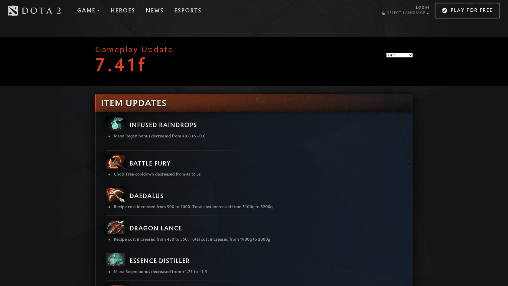 Dota 2 patch notes page for gameplay update 7.41f with a version selector and a list of item changes, as taken from Dota 2