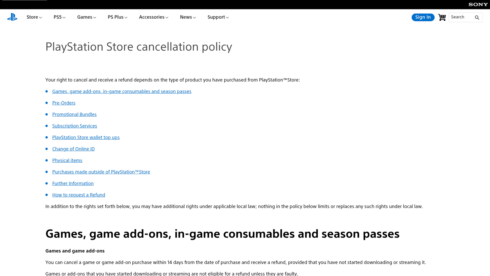 PlayStation Store cancellation policy page listing refund rules for games, pre-orders, bundles and subscriptions, as taken from PlayStation