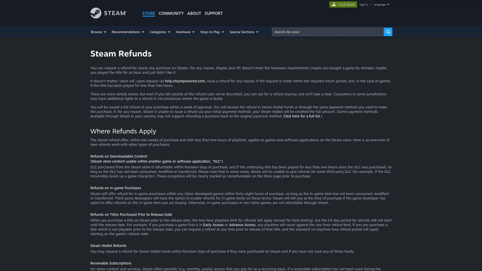 Steam Refunds page explaining the two-week, two-hour rule and how in-game purchases and DLC are treated, as taken from Steam