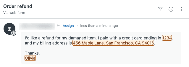 Zendesk ticket with a card number, a billing address and a customer name highlighted in orange as suggested redactions, as shown in Zendesk's help center