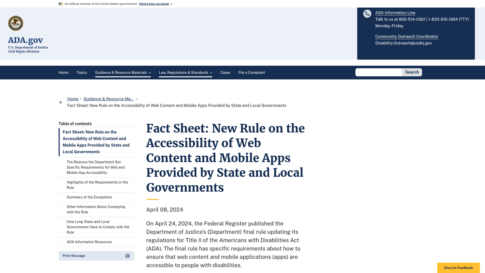 The DOJ ADA.gov fact sheet page on the new rule on the accessibility of web content and mobile apps provided by state and local governments, as taken from ADA.gov