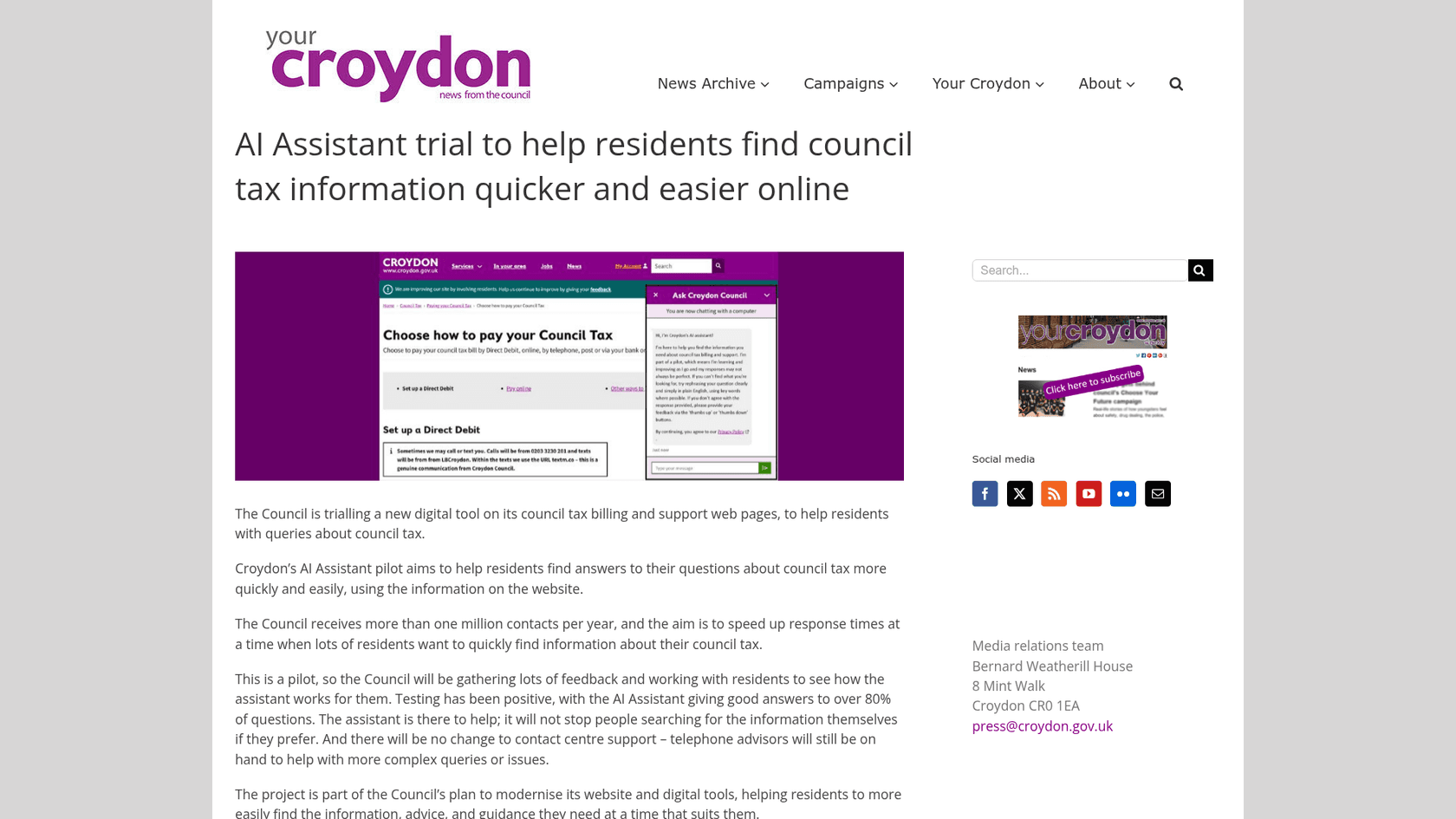 Croydon Council news page announcing an AI Assistant trial on council tax web pages, with a screenshot of the Ask Croydon Council chat panel, as taken from Croydon Council