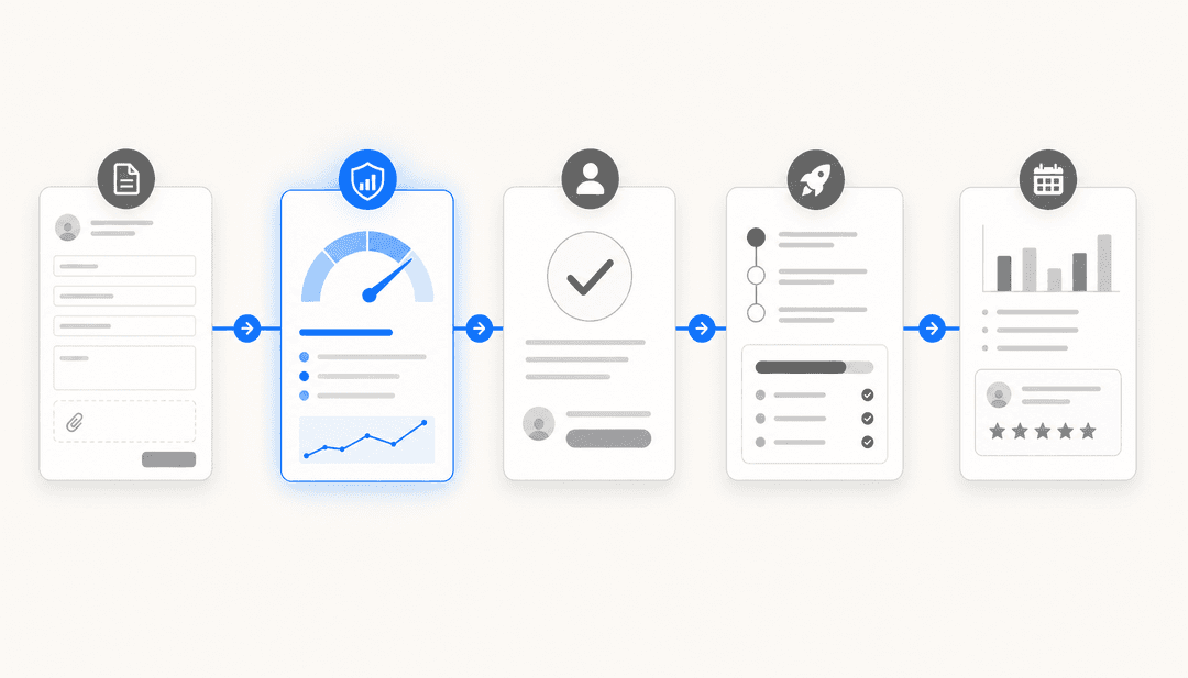 A workflow diagram showing an IT change request moving through AI-powered risk scoring, approval, and deployment stages