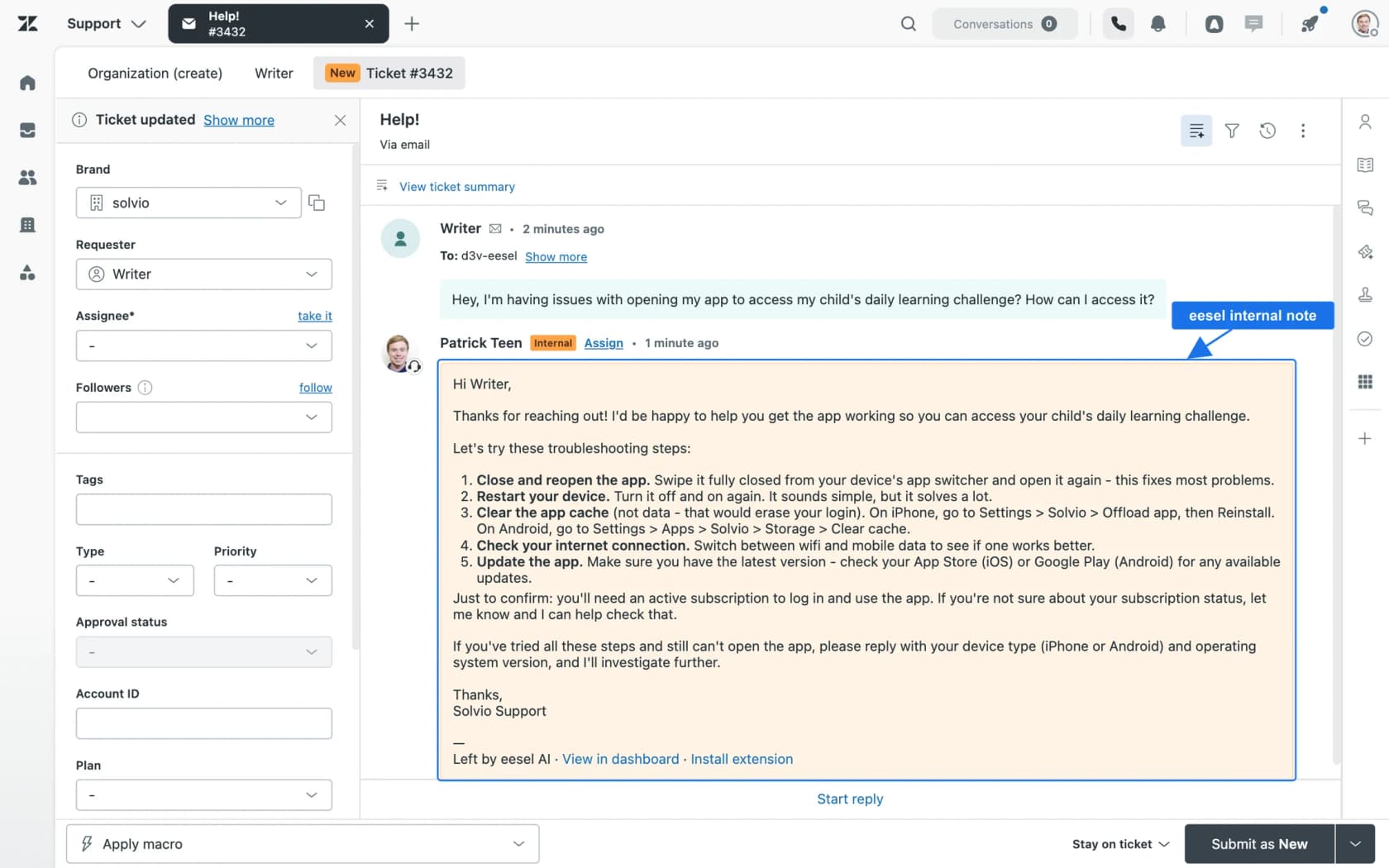 A Zendesk ticket where eesel AI has posted a drafted reply as an internal note, signed Left by eesel AI with a link to view it in the dashboard, as taken from eesel's Zendesk docs