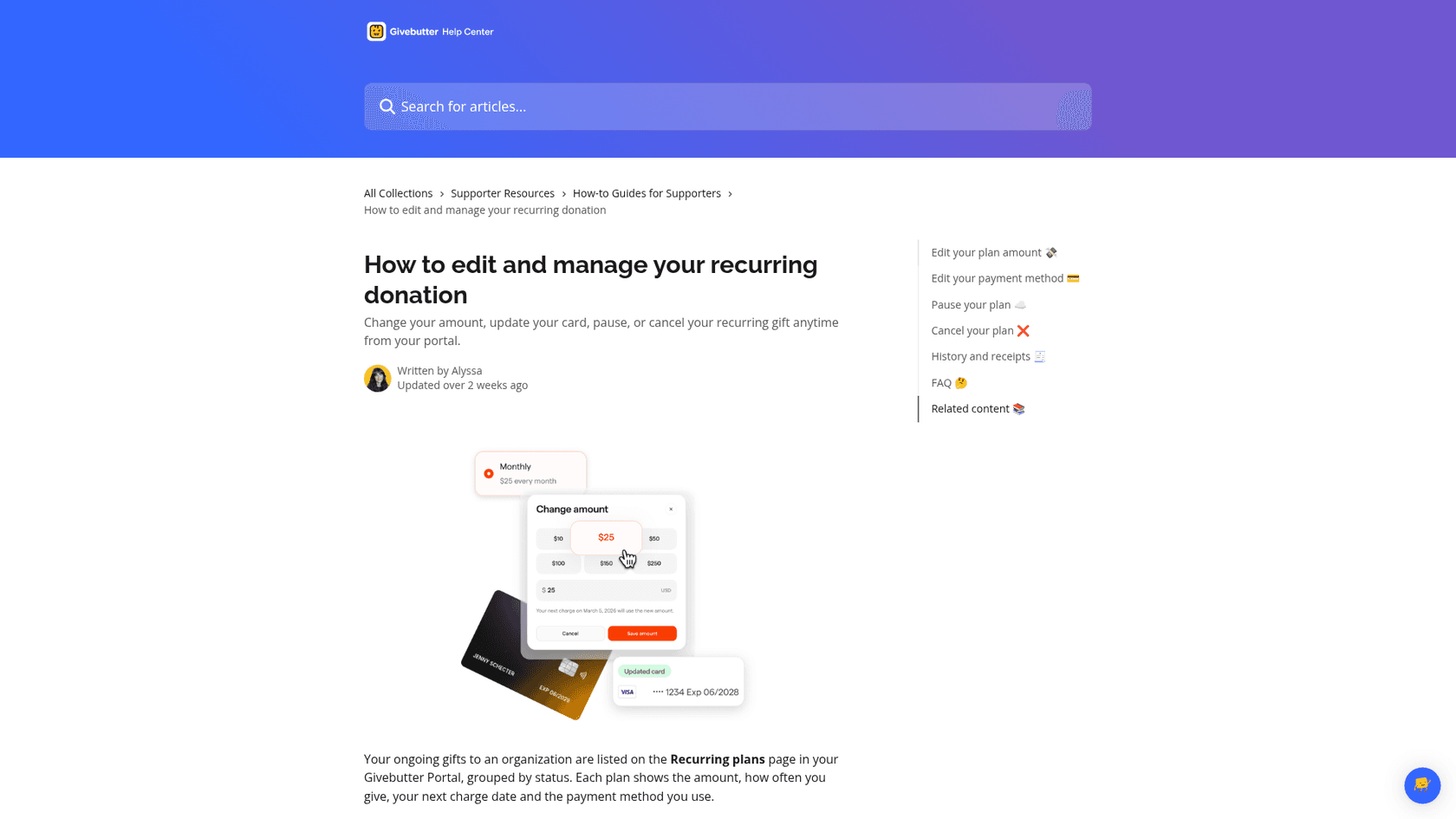 Givebutter help center article on how to edit and manage your recurring donation, with a change amount panel and an updated card, as taken from Givebutter