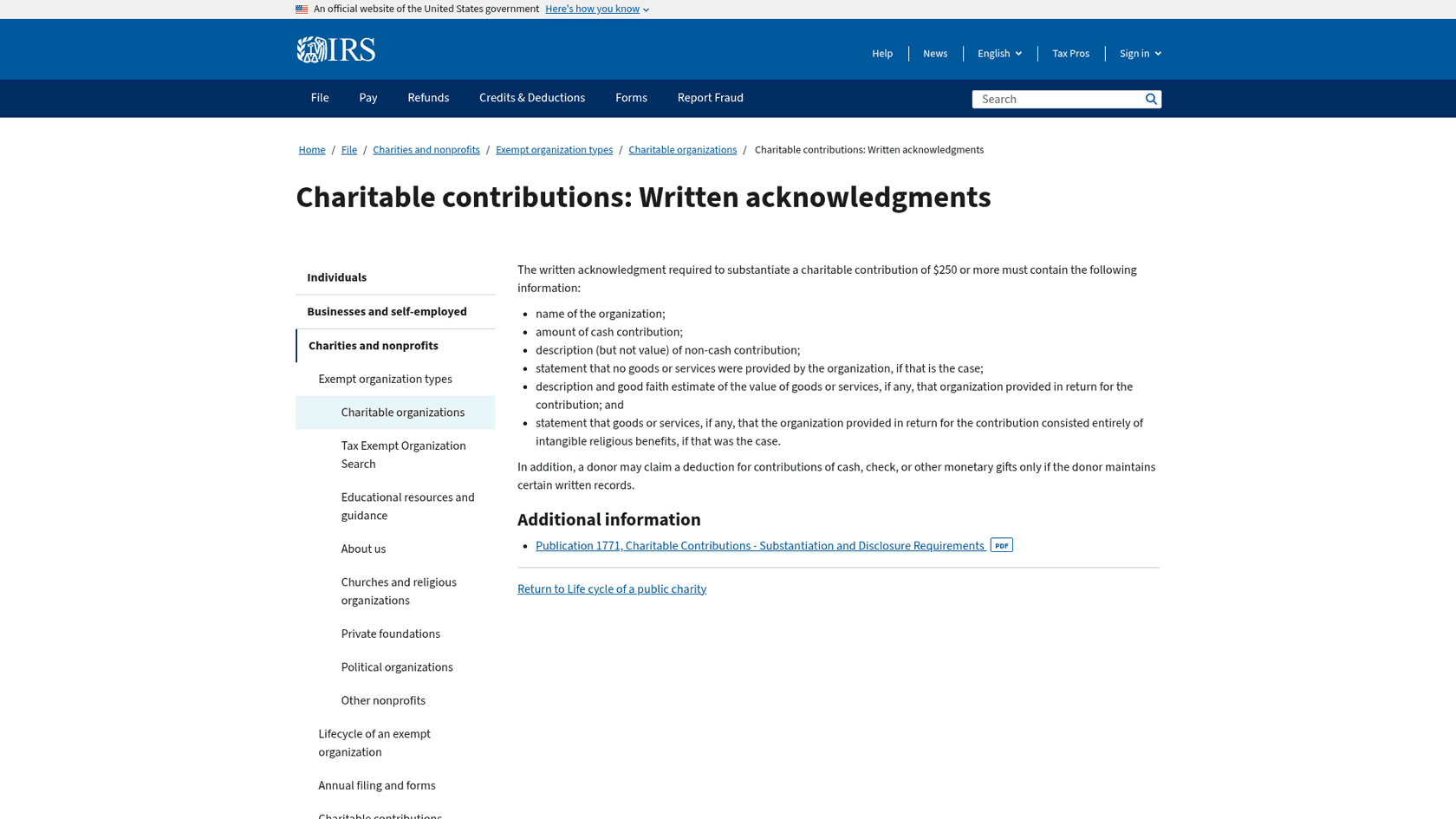 IRS page on charitable contributions written acknowledgments listing what a receipt for a gift of $250 or more must contain, as taken from IRS.gov