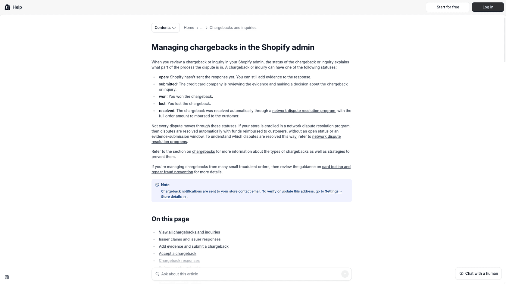 Artigo de ajuda da Shopify "Managing chargebacks in the Shopify admin", listando os status aberto, enviado, ganho, perdido e resolvido, conforme captura da Central de Ajuda da Shopify