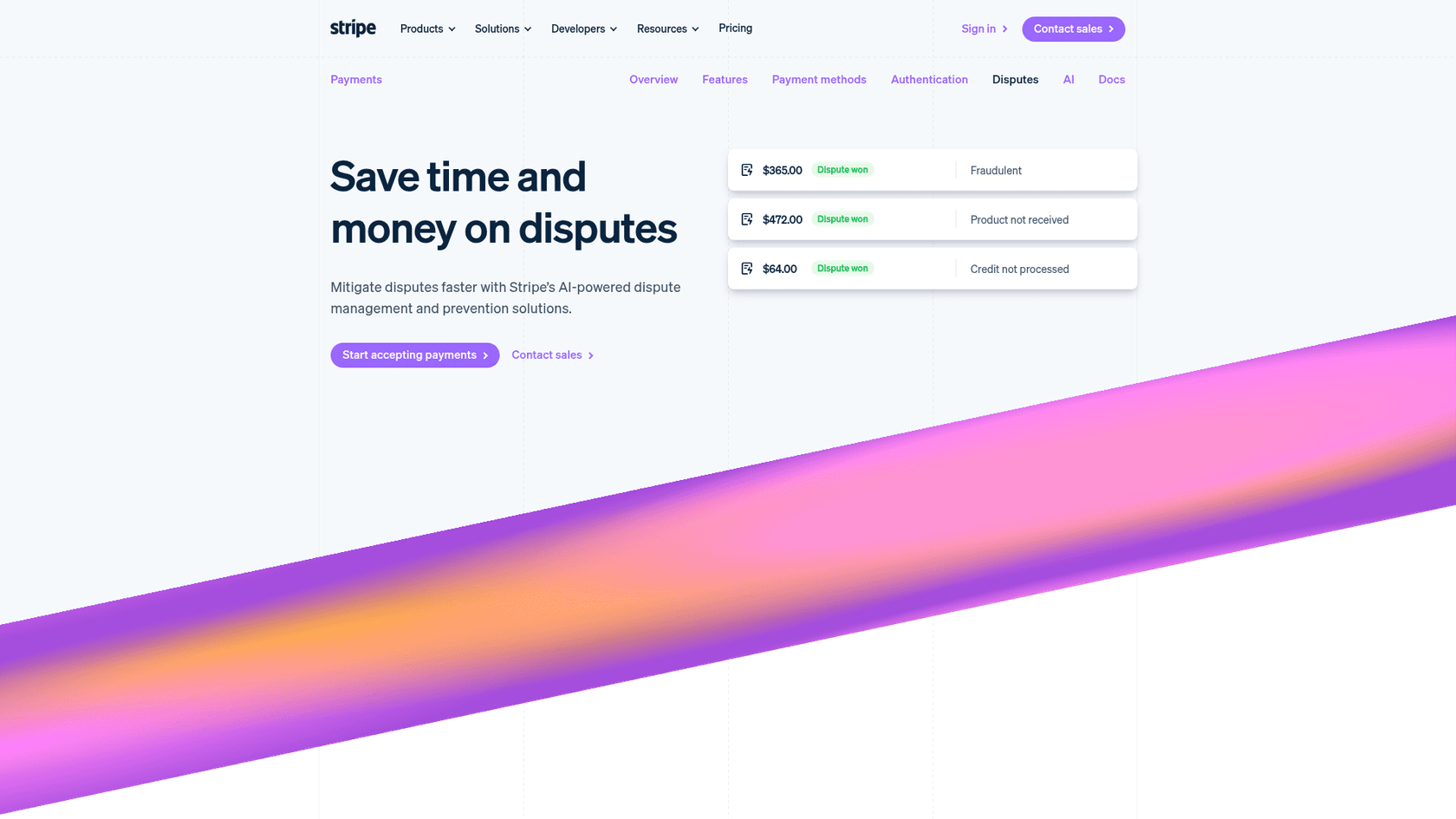 Página de gestão de disputas do Stripe, com o título "Save time and money on disputes", mostrando três disputas marcadas como ganhas, conforme captura do Stripe