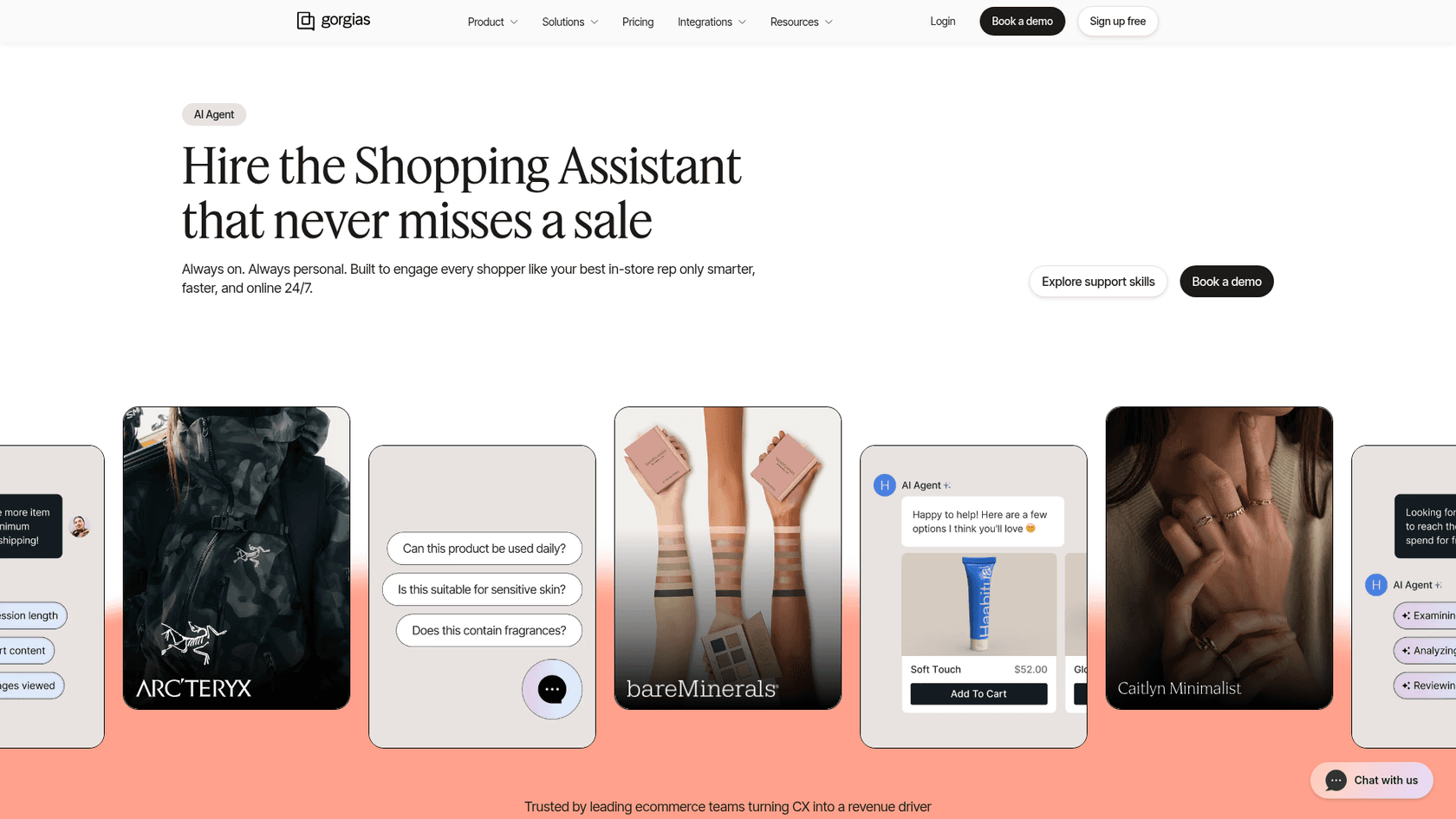 Gorgias Shopping Assistant landing page showing product page questions like "Is this suitable for sensitive skin?" and an AI Agent product card with Add To Cart, as taken from Gorgias
