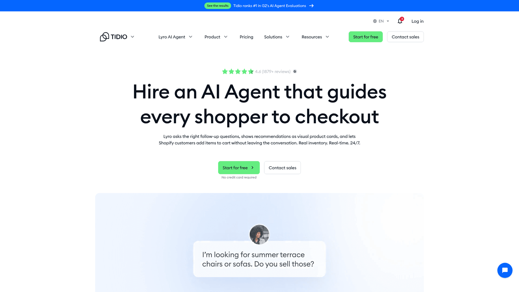 Tidio Lyro product recommendations page with the headline "Hire an AI Agent that guides every shopper to checkout" and a shopper asking about summer terrace chairs, as taken from Tidio