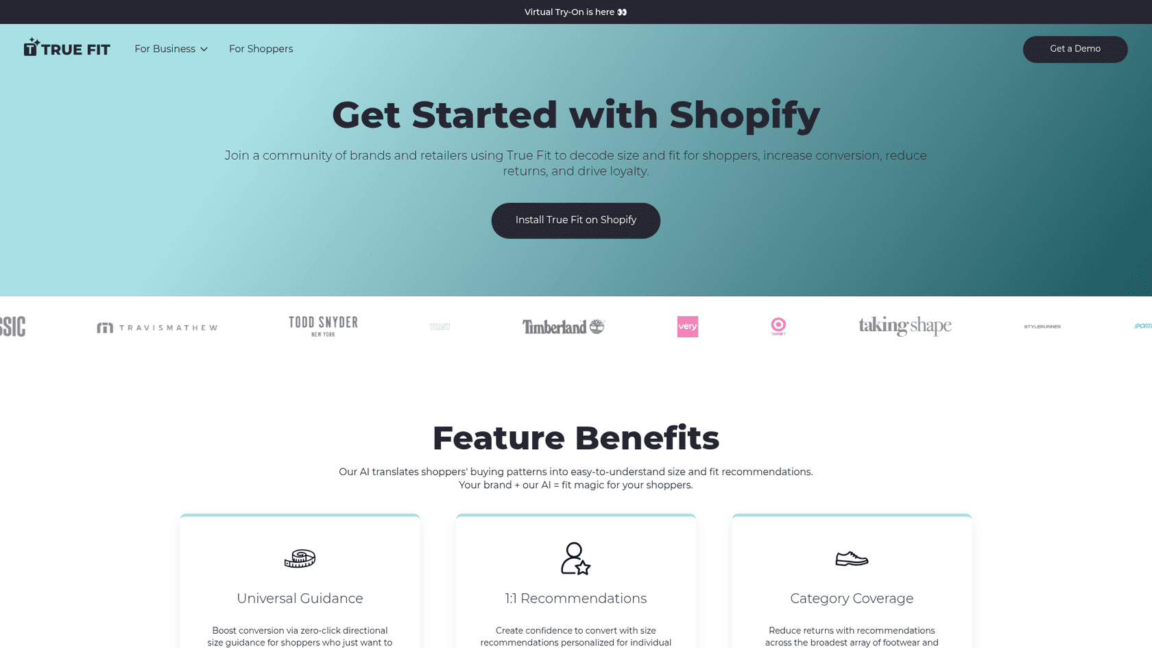 True Fit for Shopify page with the headline "Get Started with Shopify" and feature cards for universal guidance, 1:1 recommendations and category coverage, as taken from True Fit