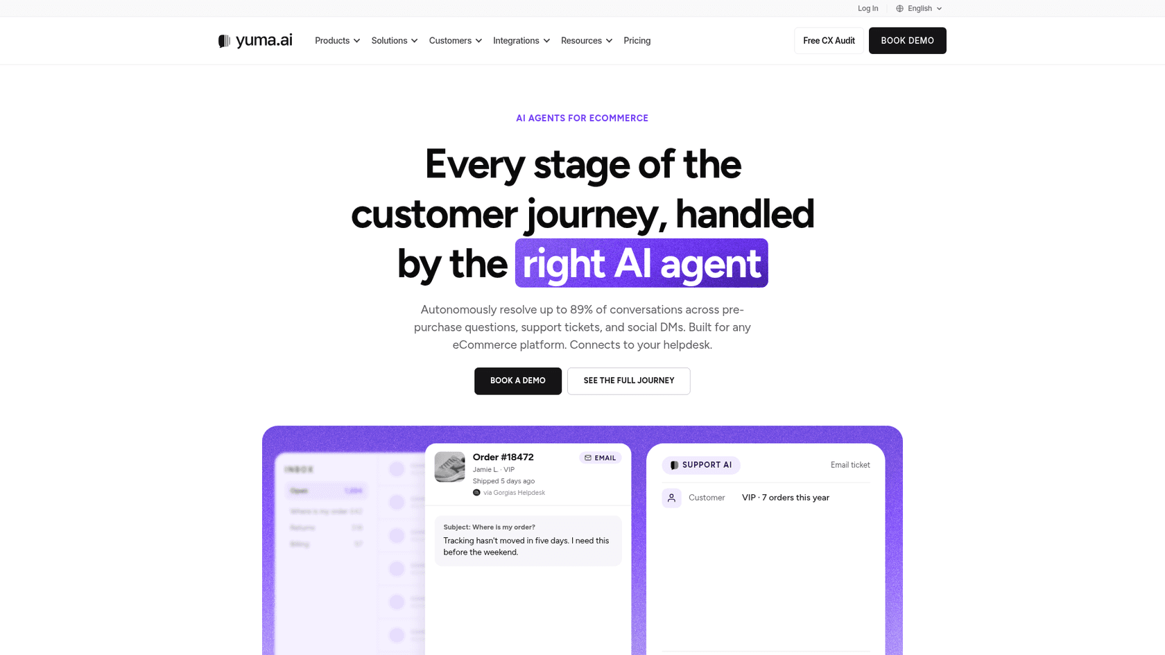 Yuma homepage with the headline "Every stage of the customer journey, handled by the right AI agent" and a where-is-my-order ticket via Gorgias Helpdesk, as taken from Yuma