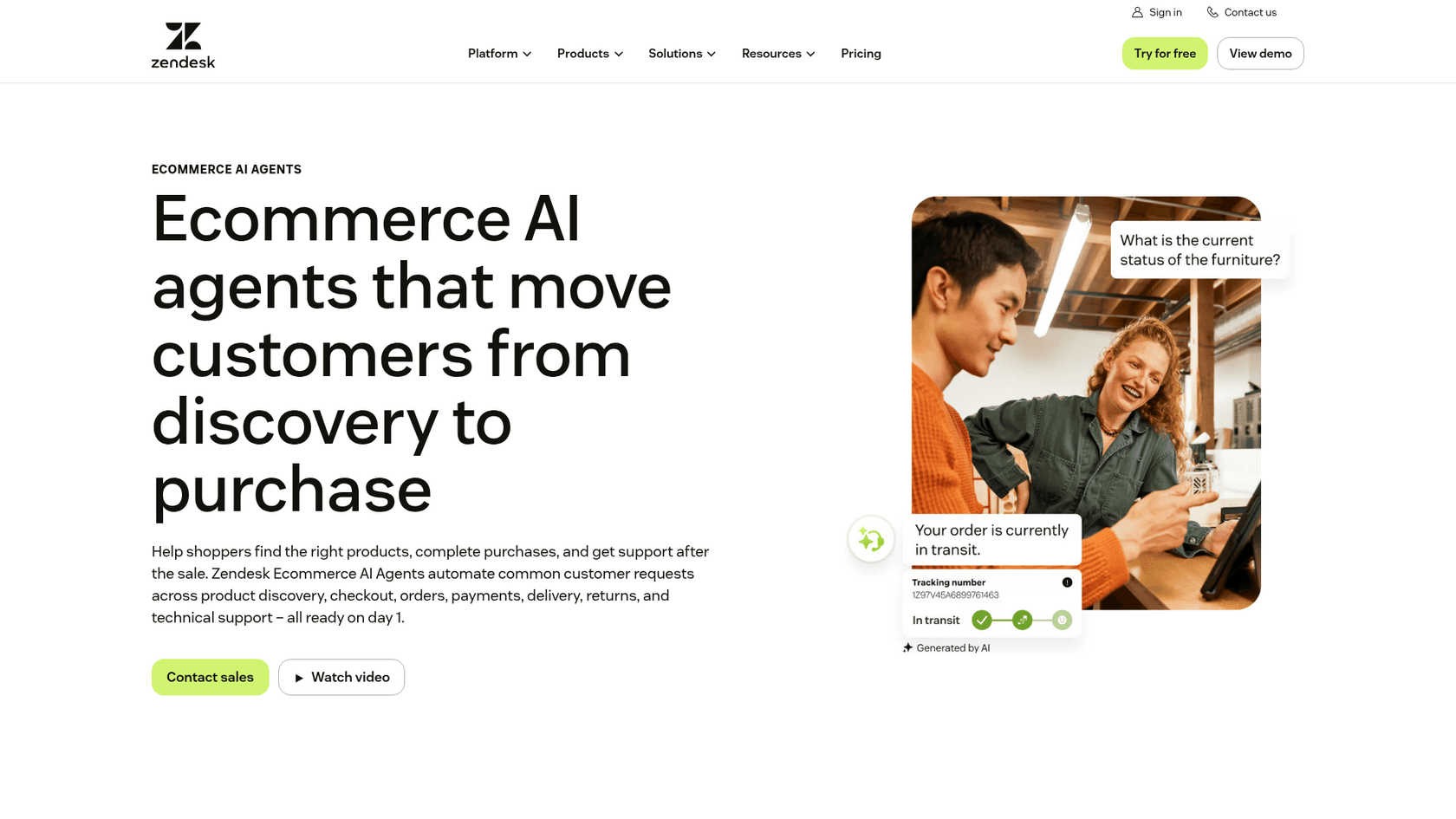 Zendesk Ecommerce AI Agents landing page with the headline "Ecommerce AI agents that move customers from discovery to purchase" and an AI-generated order tracking reply, as taken from Zendesk