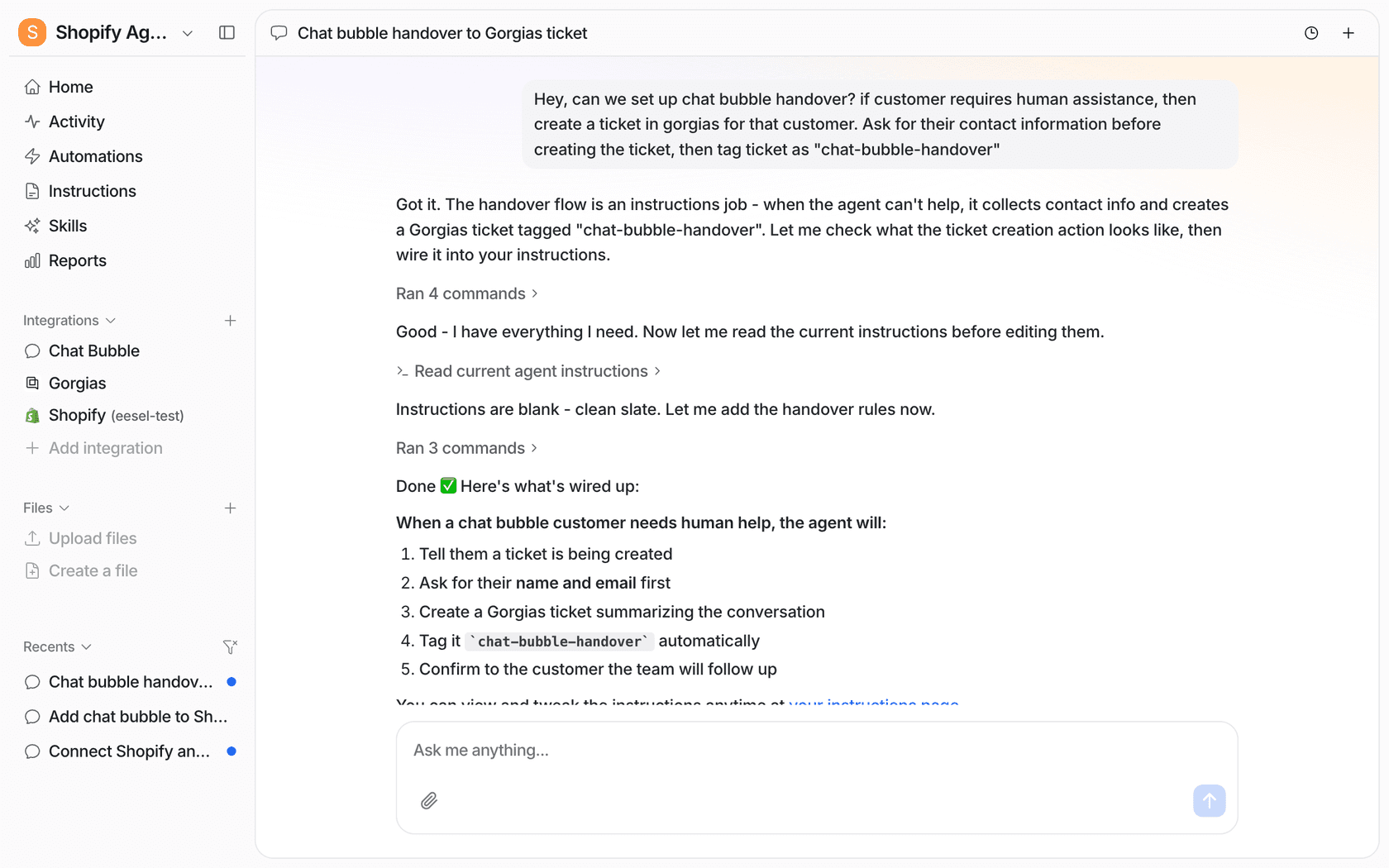 eesel dashboard chat where the user asks for a chat bubble handover, and the agent lists the rule it saved: tell the customer a ticket is being created, ask for name and email, create a Gorgias ticket summarizing the conversation, tag it, and confirm the team will follow up