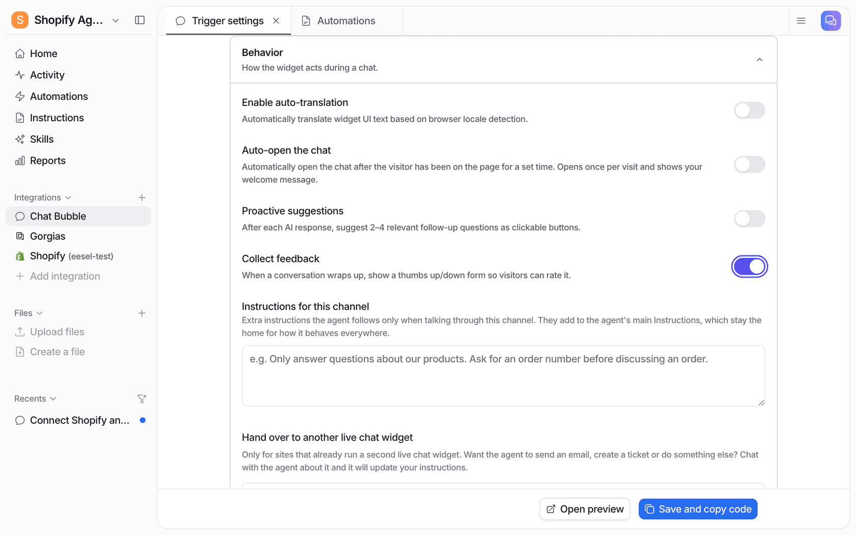 eesel chat bubble Behavior settings, showing switches for auto-translation, auto-open, proactive suggestions and collect feedback, and an Instructions for this channel box