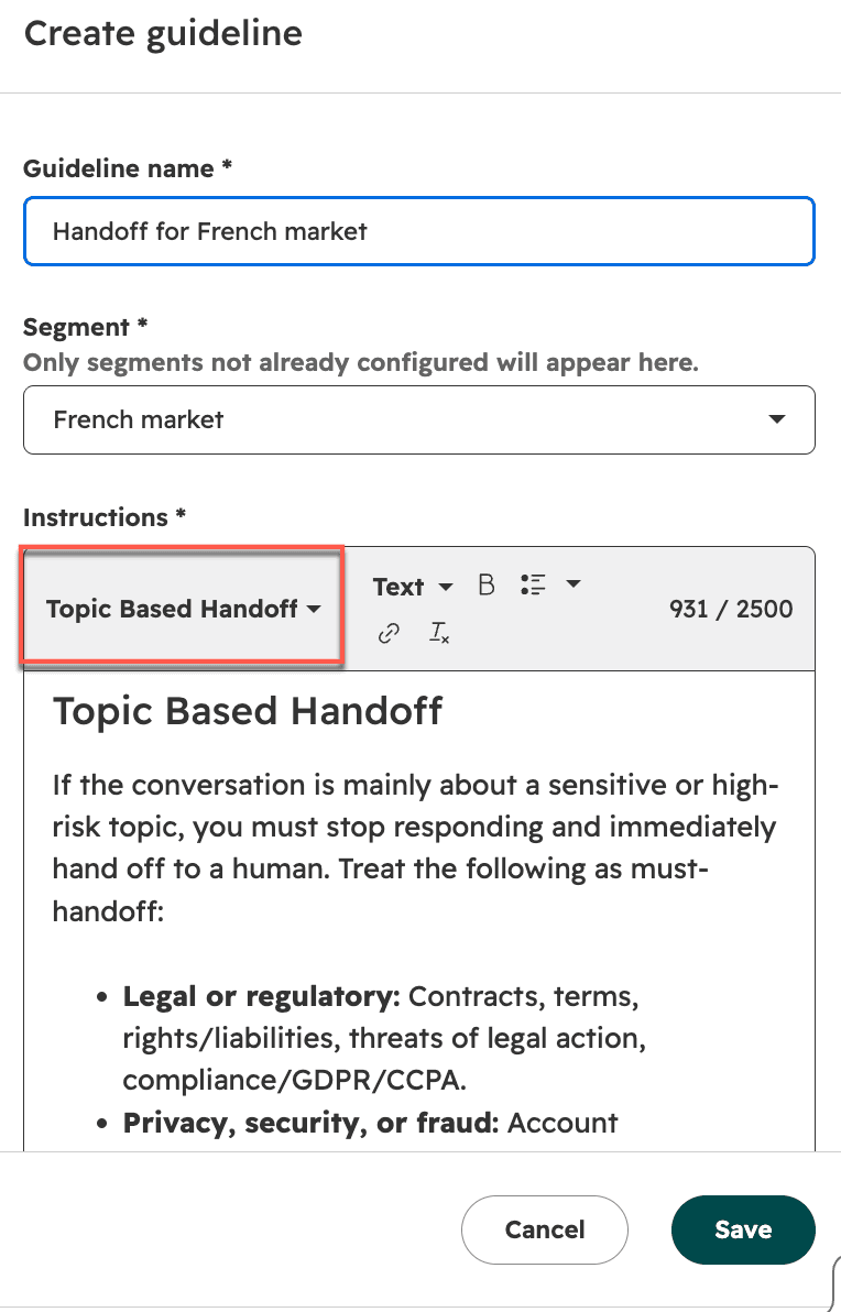 HubSpot Customer Agent create guideline panel, showing a handoff guideline for a French market segment with a topic based handoff template listing legal and privacy topics as must-handoff