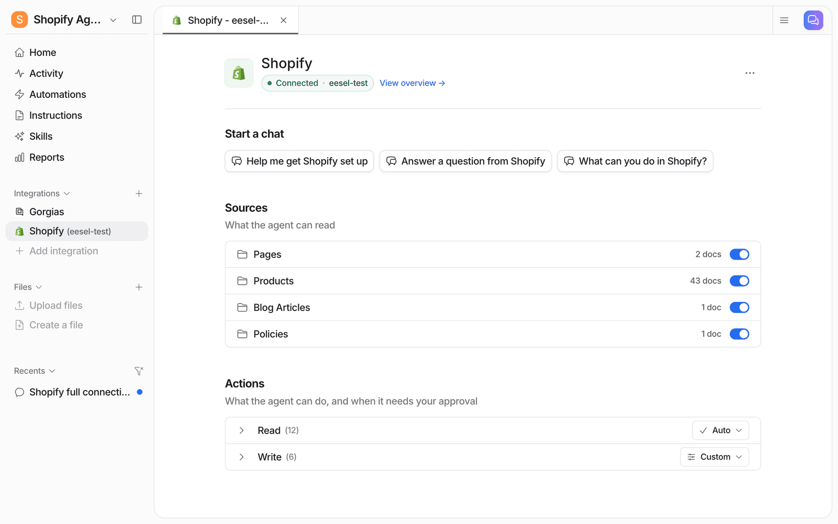 The eesel Shopify integration page showing the Connected store, Pages, Products, Blog Articles and Policies sources, and the Read and Write action groups