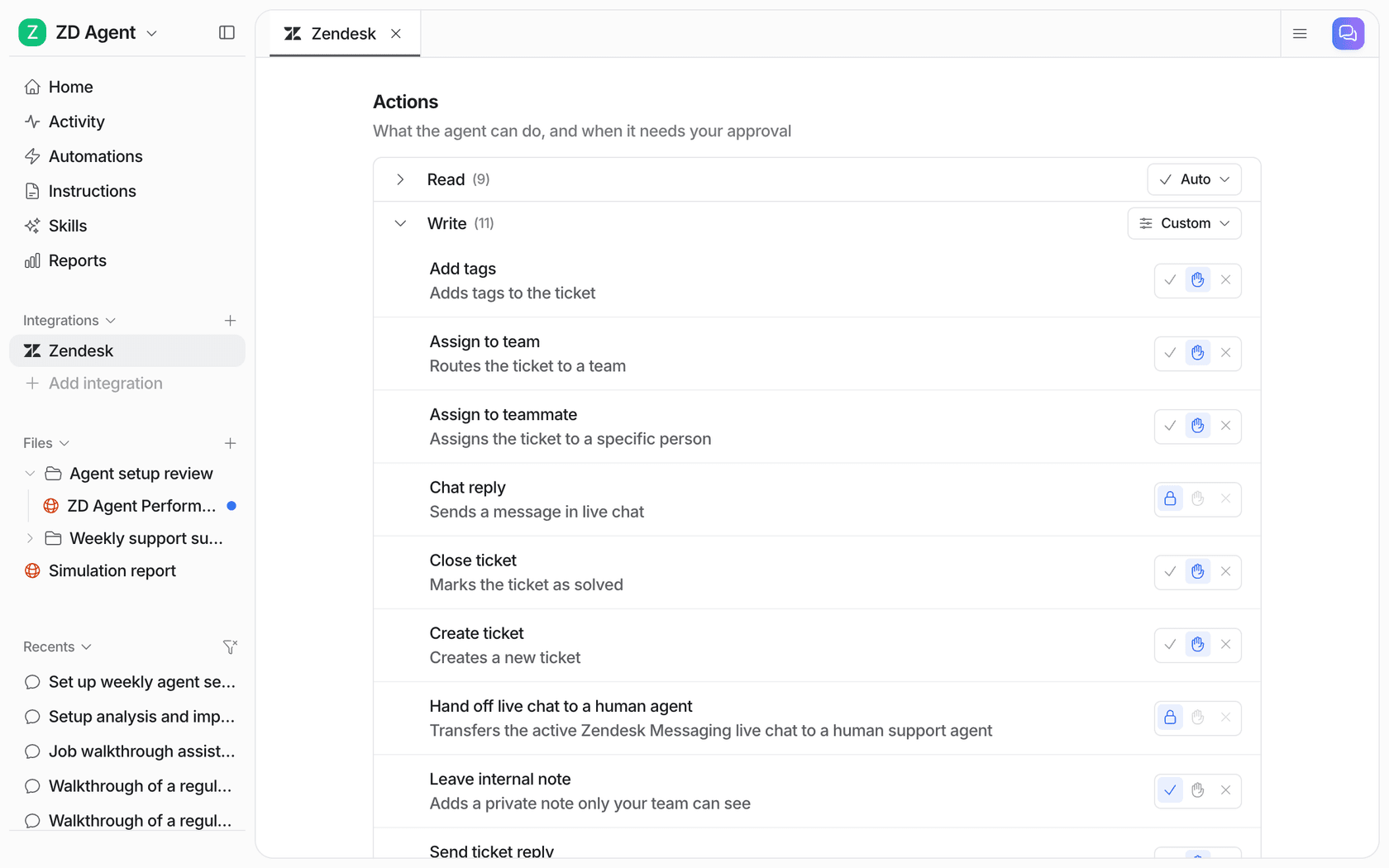 eesel action settings with the Write group set to Custom, showing add tags, assign to team, close ticket and create ticket on Needs approval and leave internal note on Auto