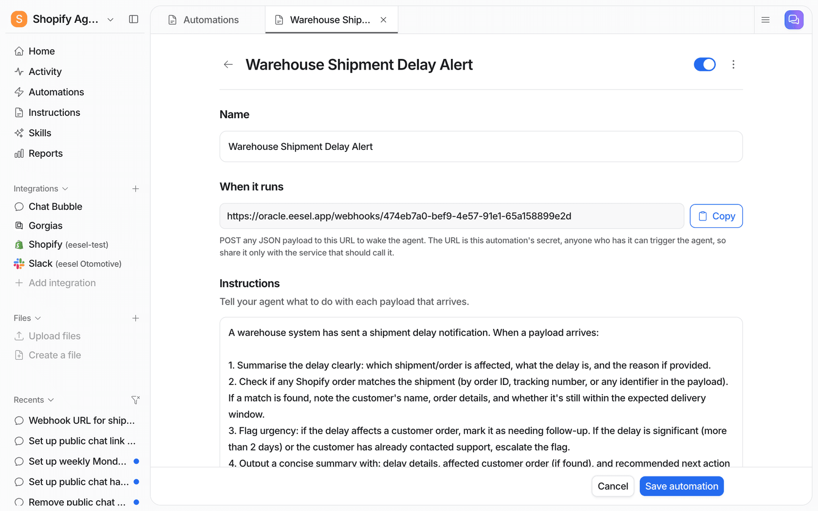 The eesel webhook automation page for a shipment delay alert, showing the webhook URL with a copy button and the instructions for handling each delay payload